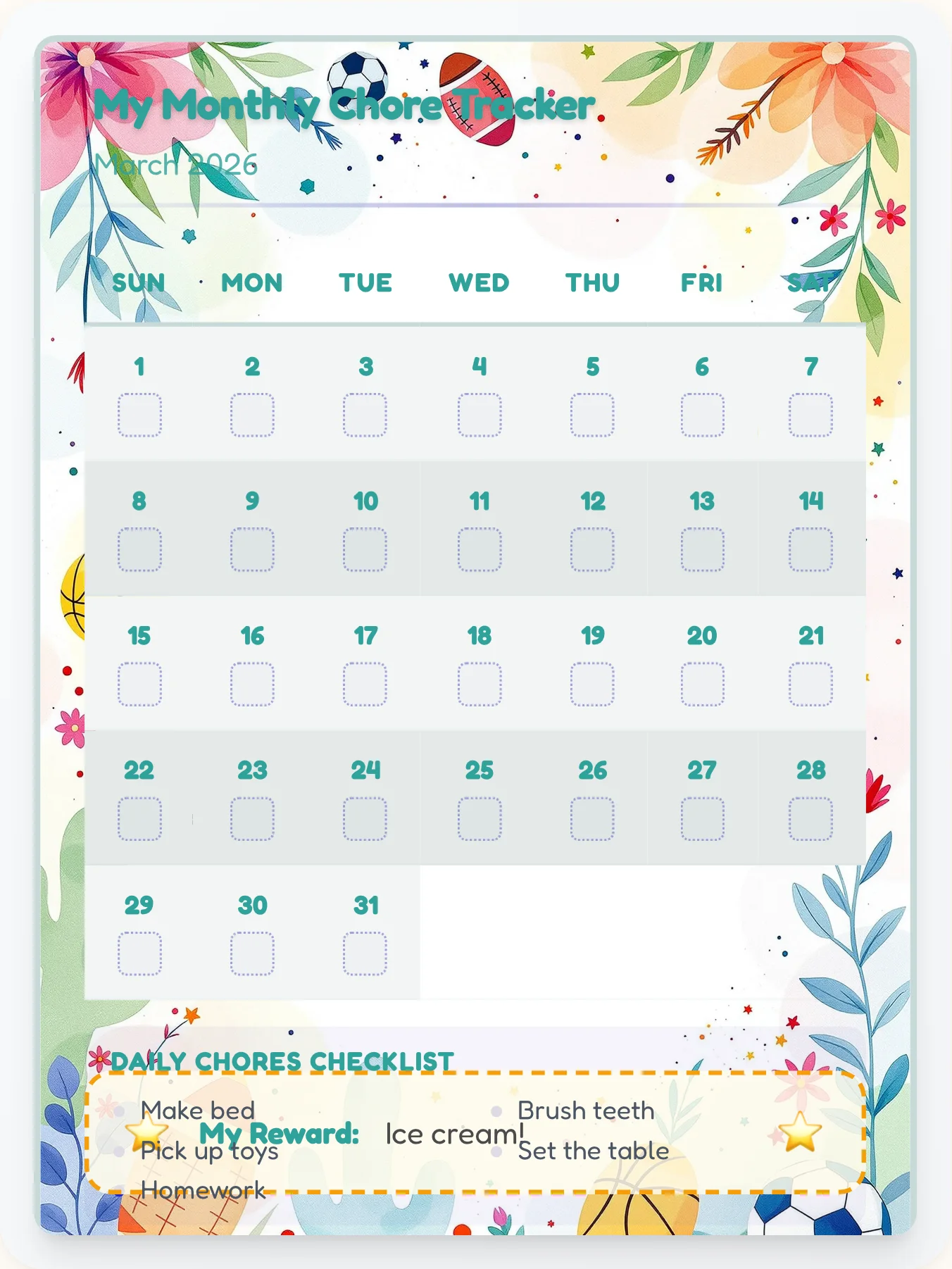 Gentle Sports Monthly Planner - printable sports chore chart