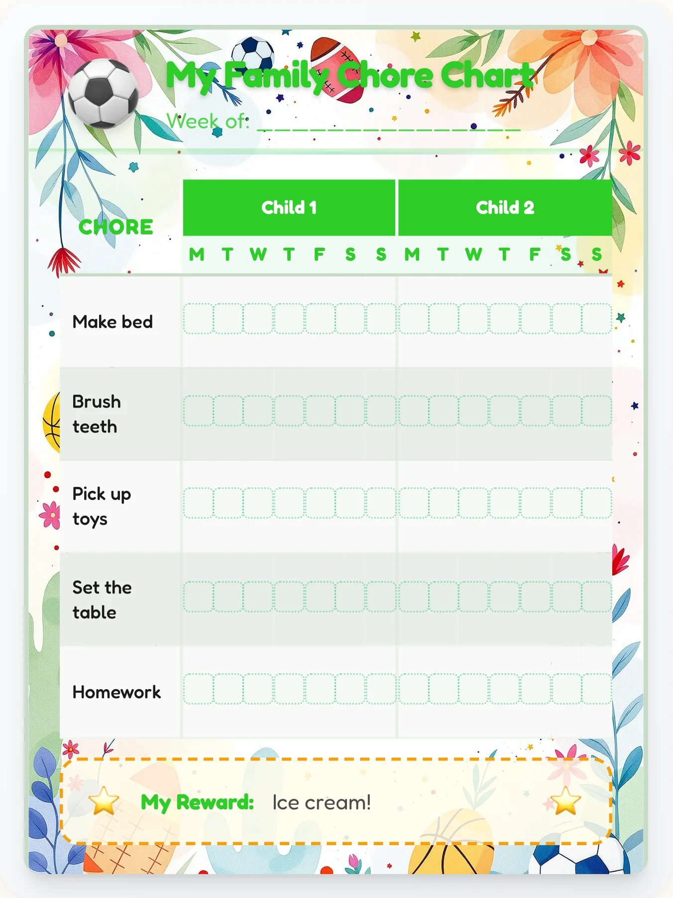 Tender Sports Team Chart - printable sports chore chart