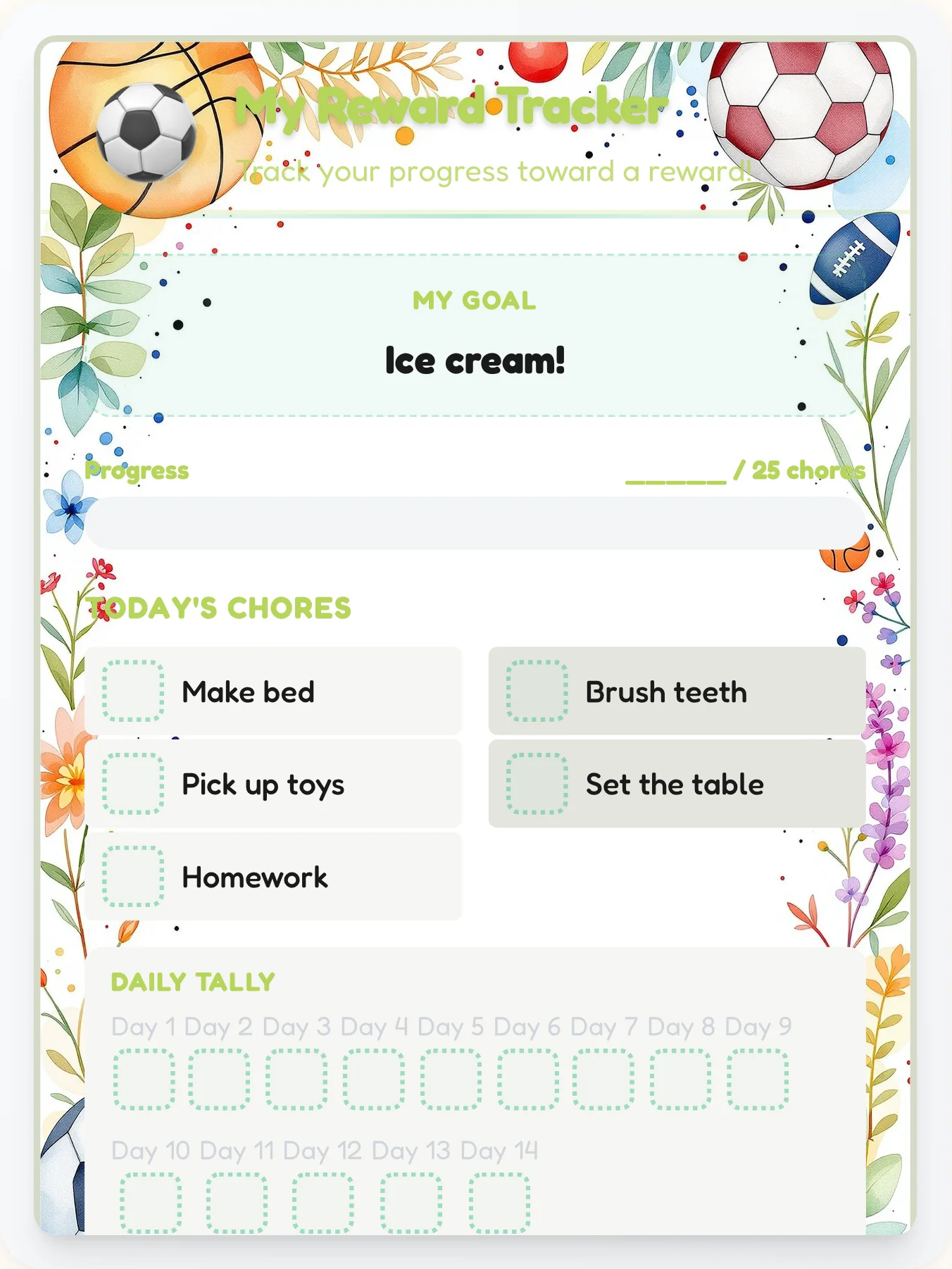Noble Sports Prize Chart - printable sports chore chart
