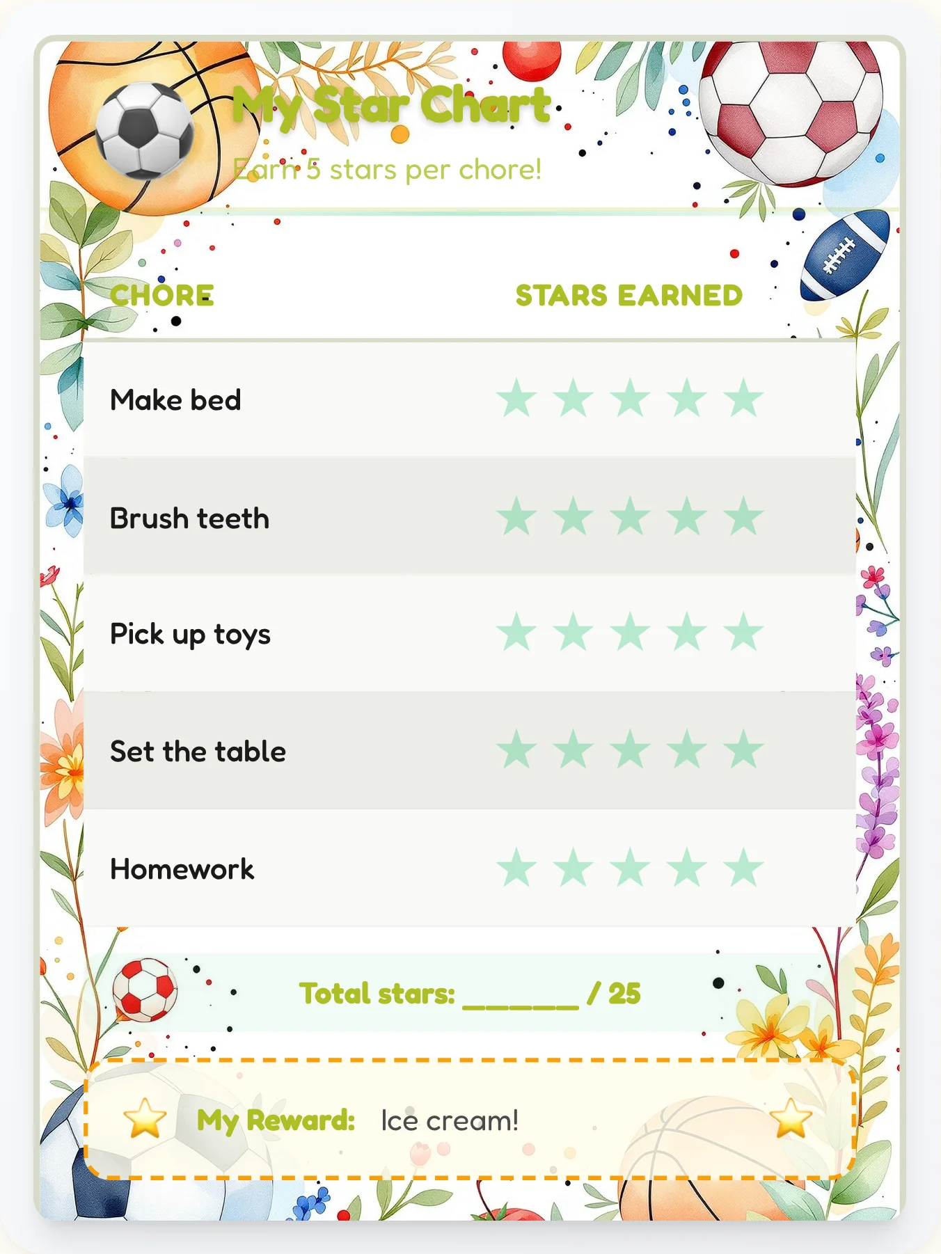 Misty Sports Gold Stars - printable sports chore chart