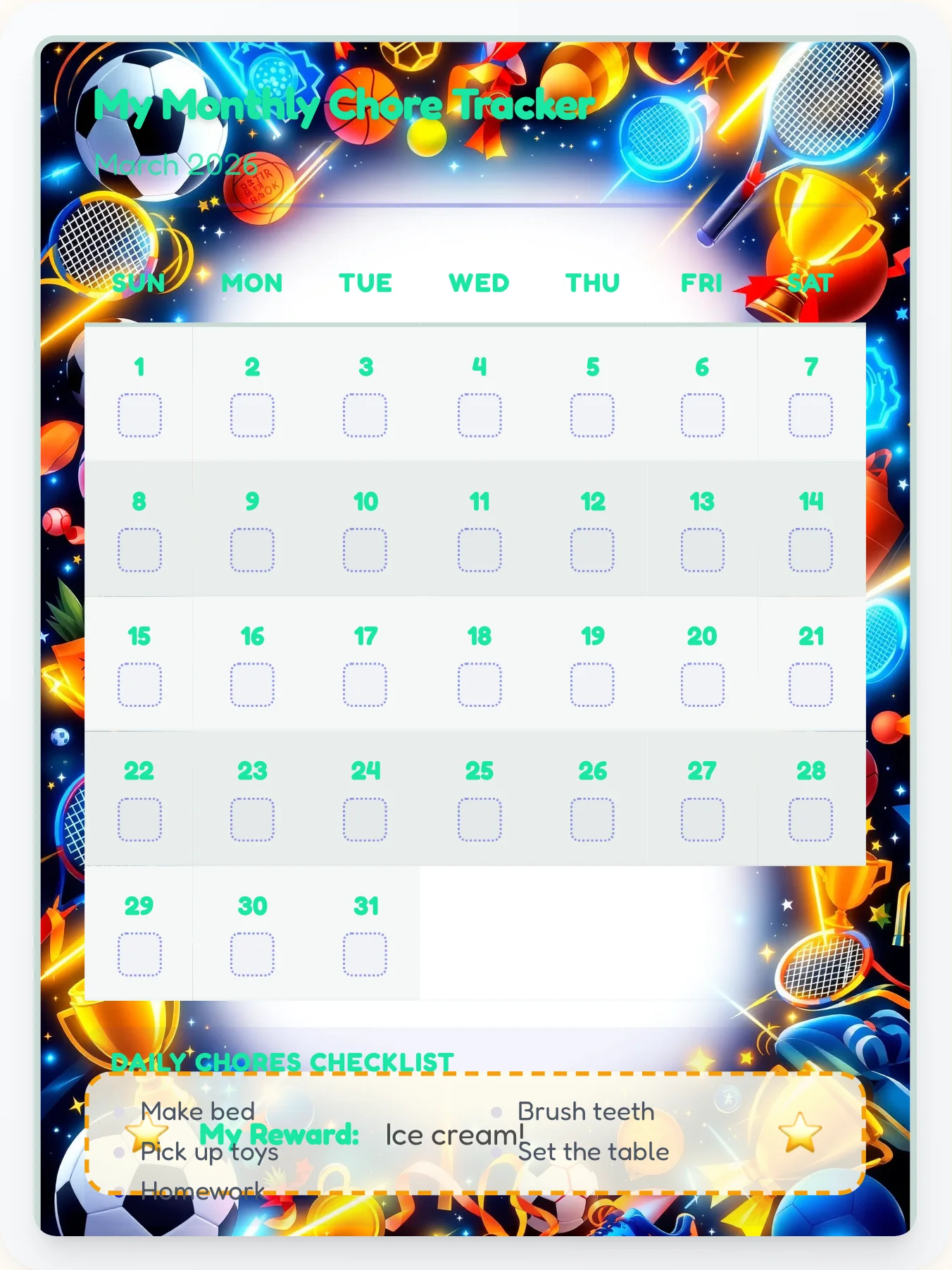 Enchanted Sports Monthly Planner - printable sports chore chart