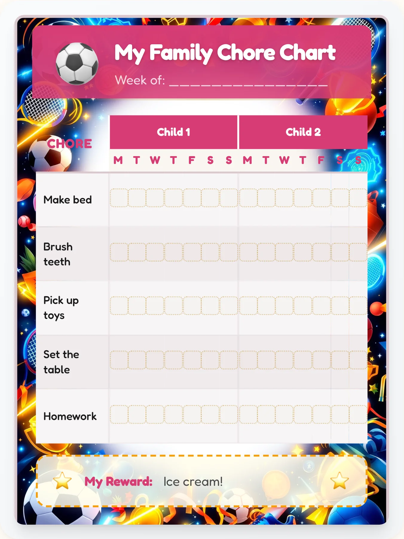 Electric Sports Team Chart - printable sports chore chart