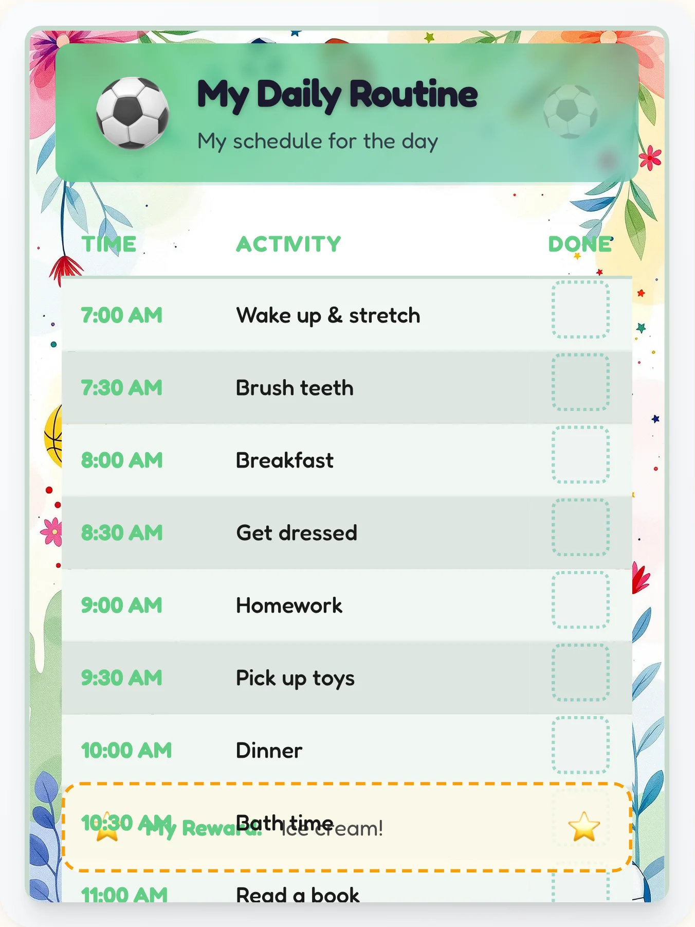 Zen Sports Routine Board - printable sports chore chart