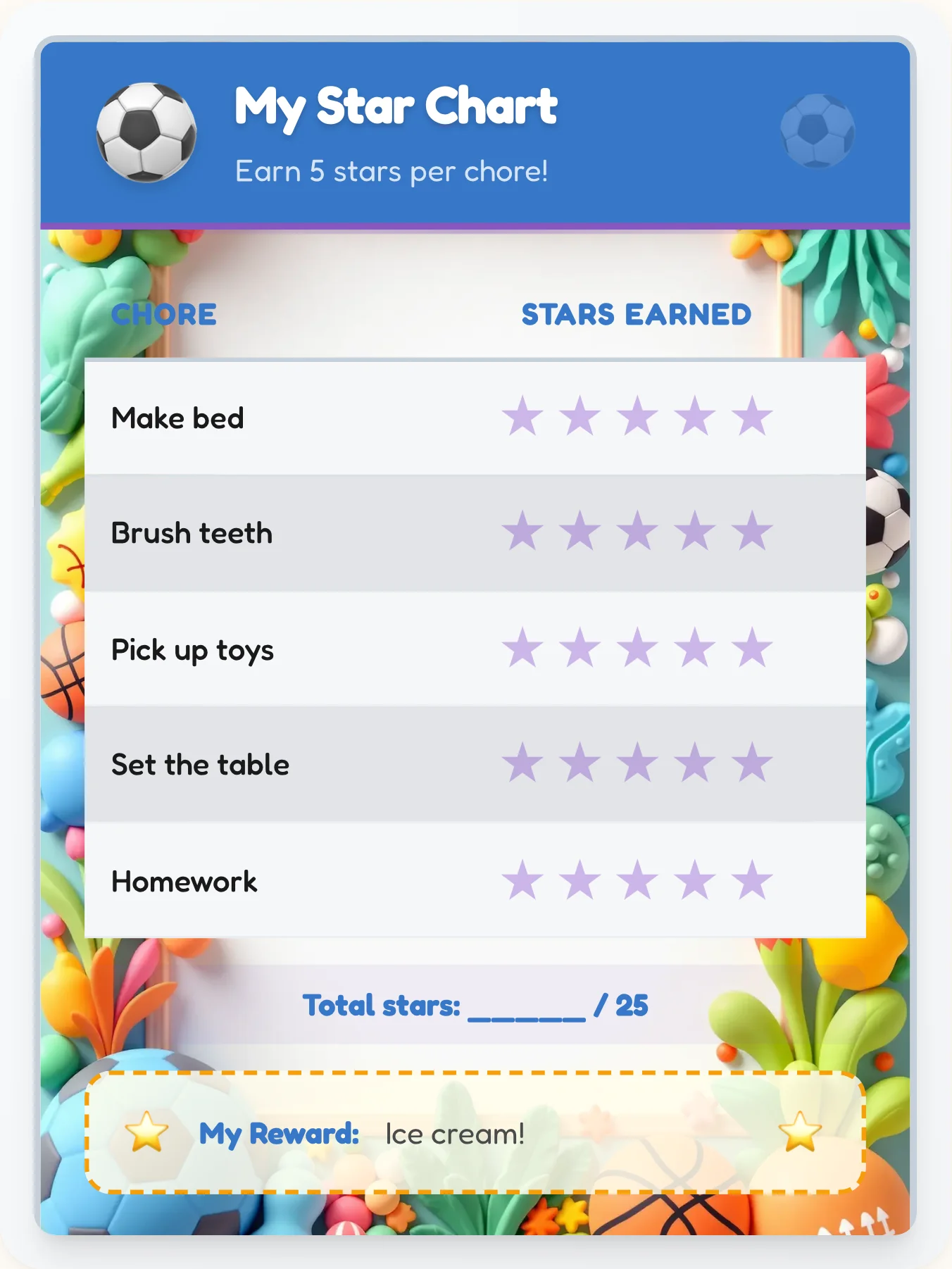 Kind Sports Star Tracker - printable sports chore chart