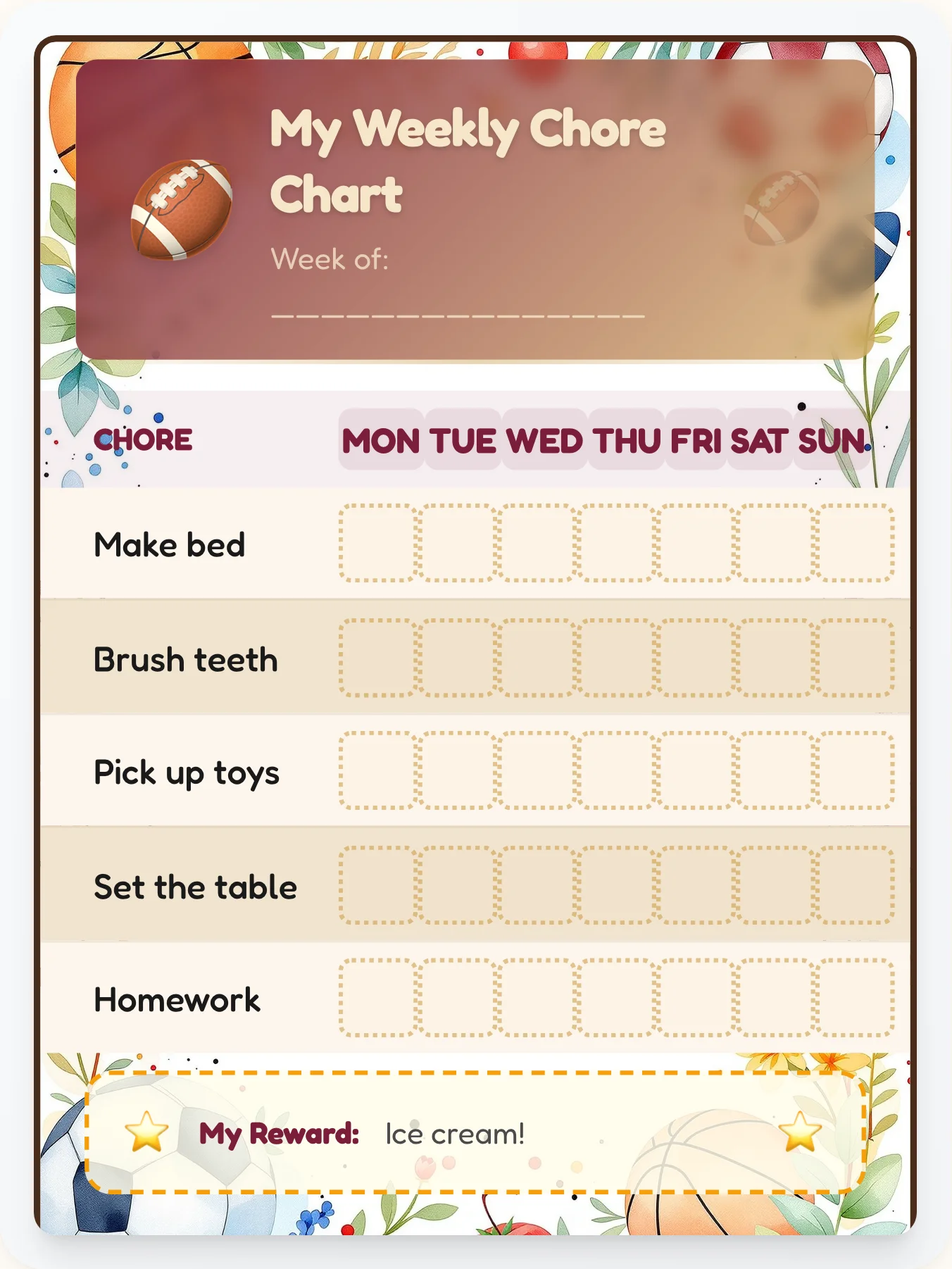 Varsity Vintage Chore Chart - printable sports chore chart