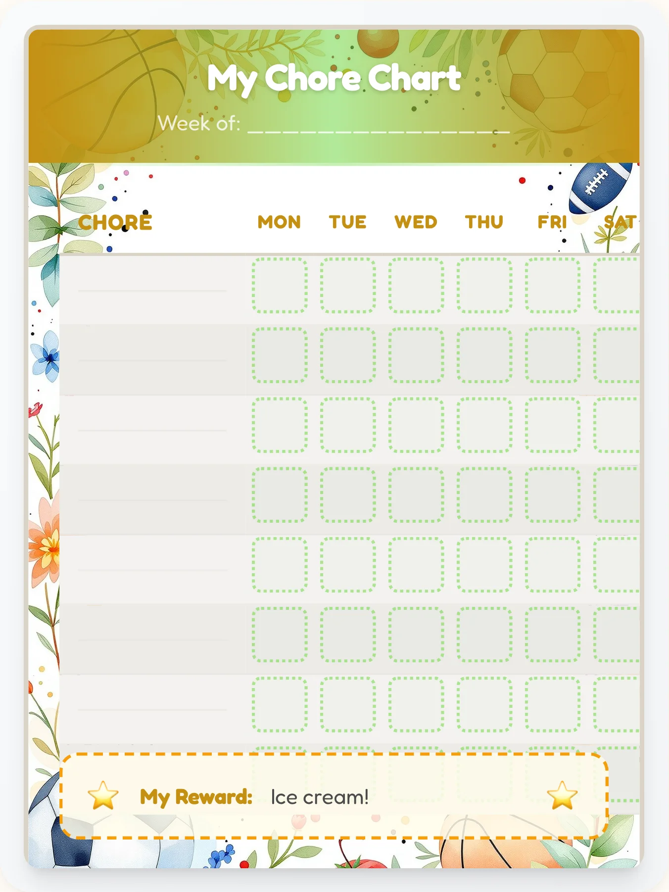 Happy Sports Free Form - printable sports chore chart