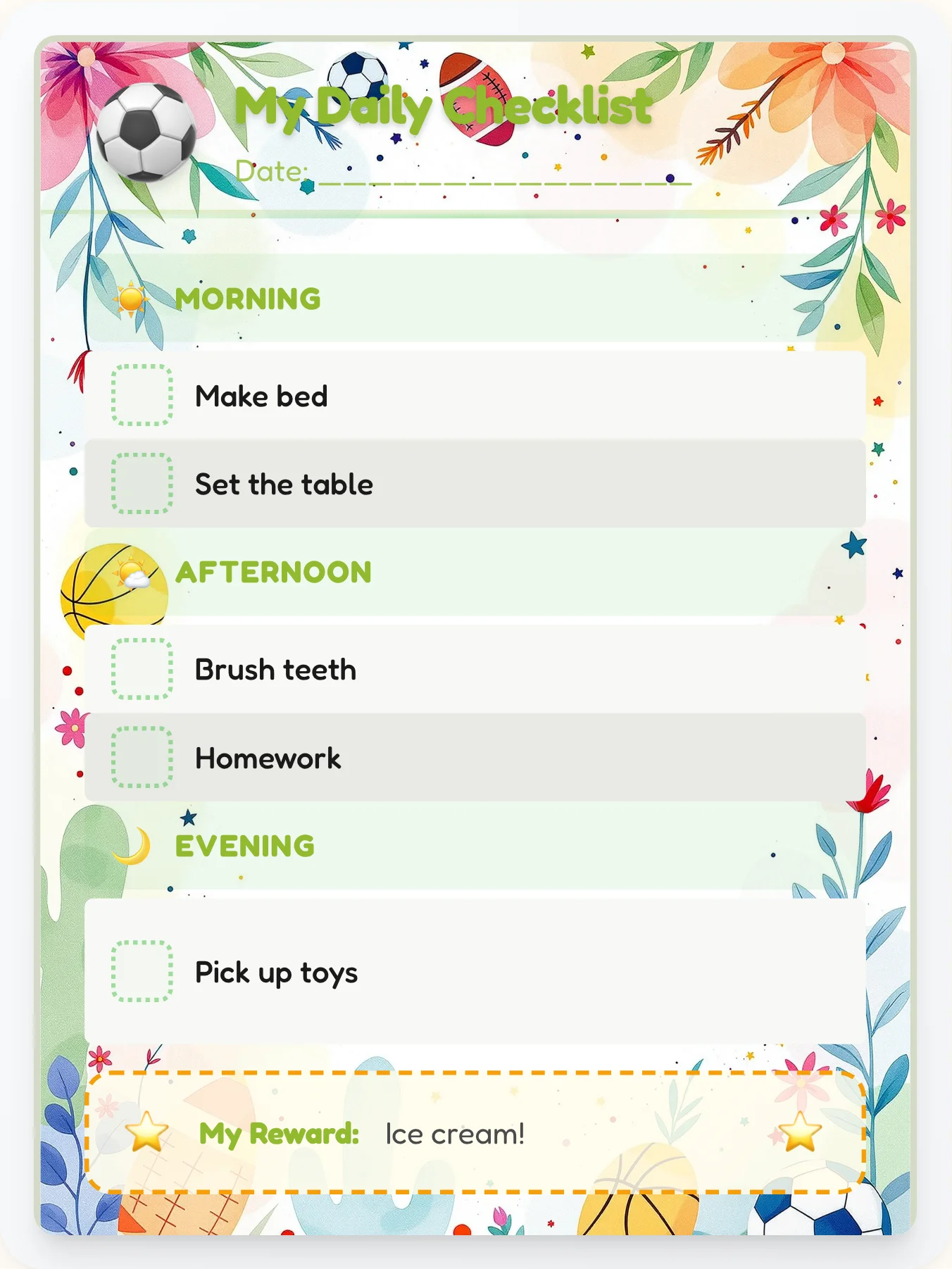 Noble Sports Daily Planner - printable sports chore chart