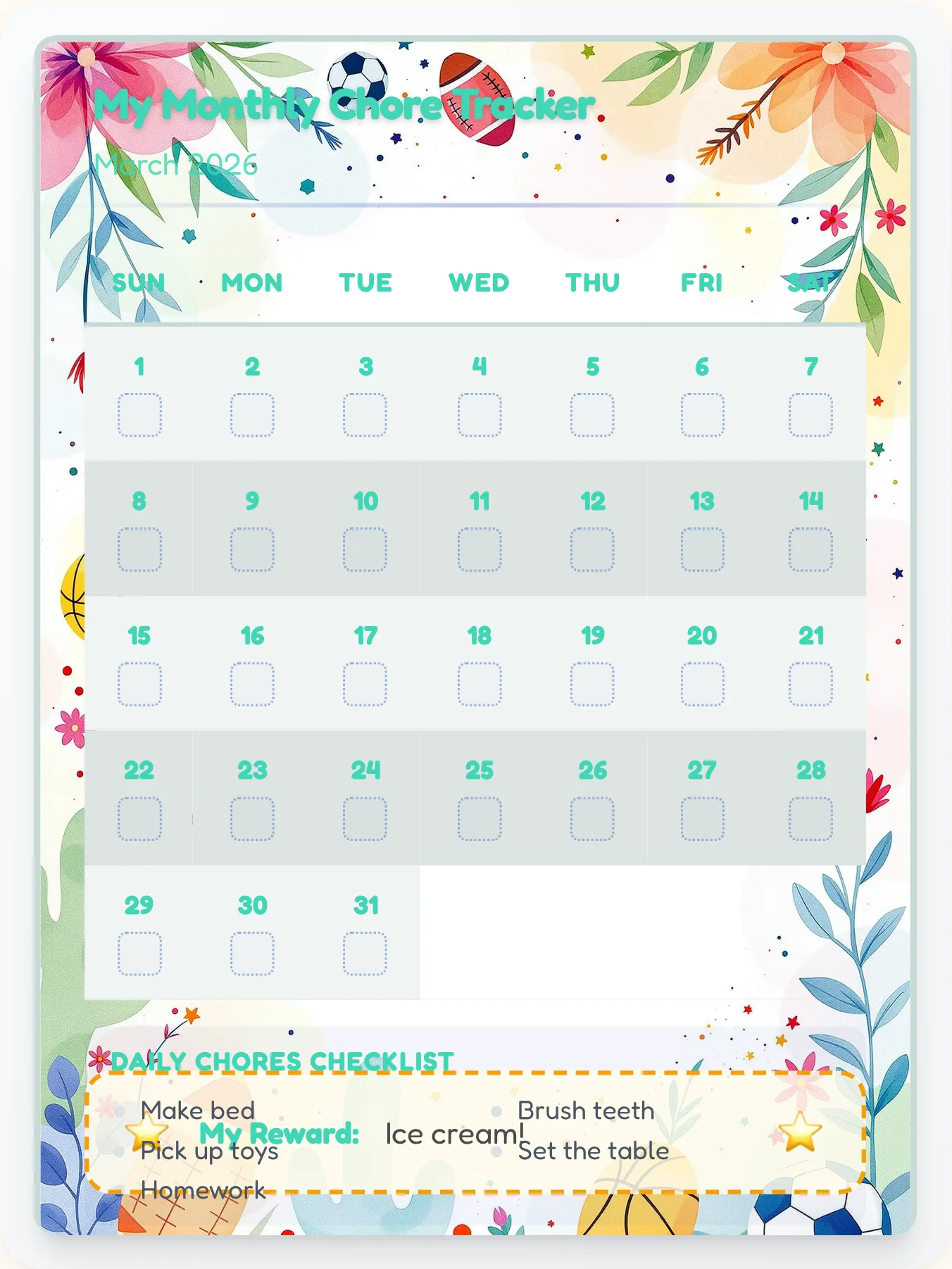 Enchanted Sports Month View - printable sports chore chart