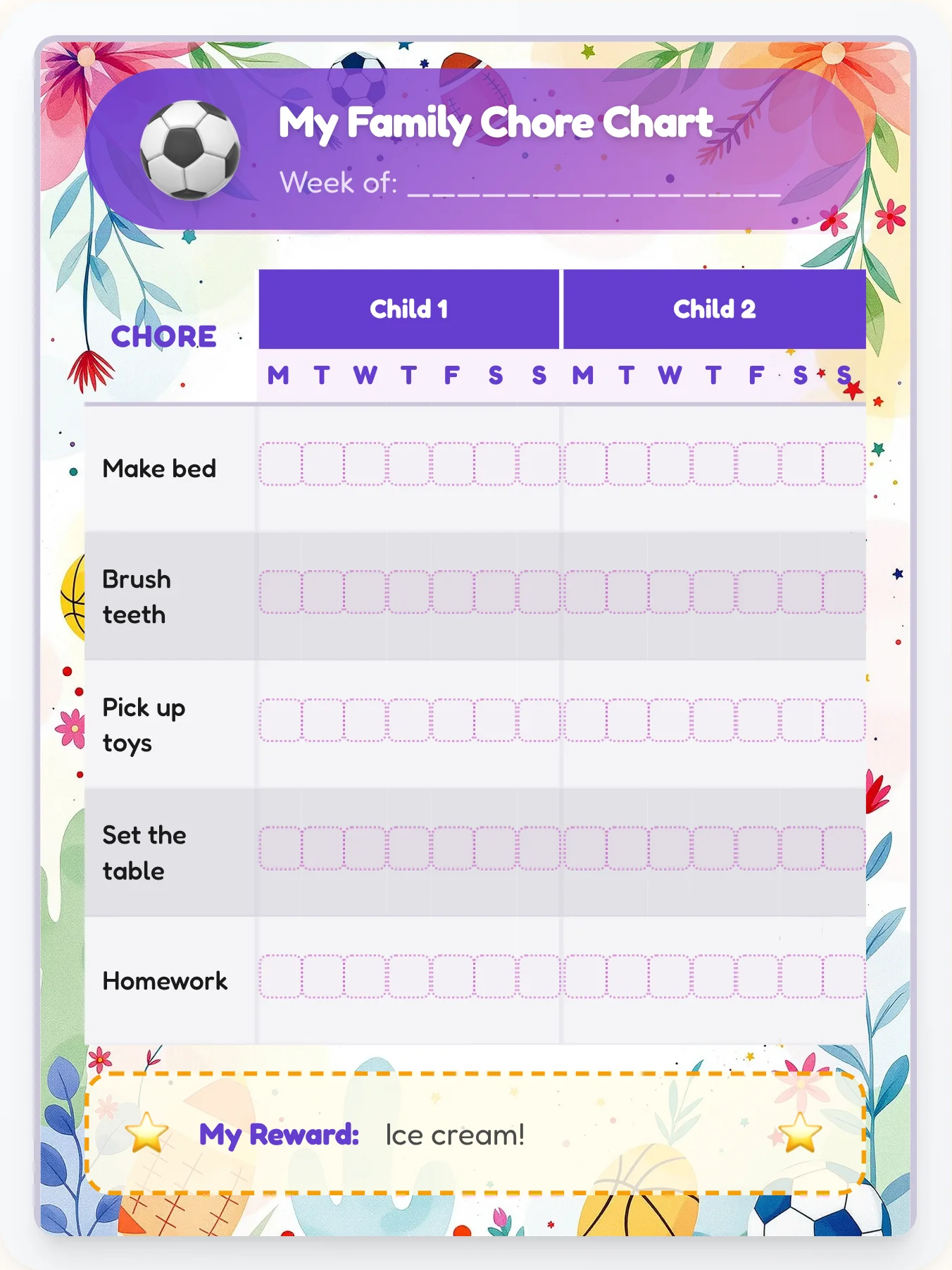 Royal Sports Multi-Kid Tracker - printable sports chore chart