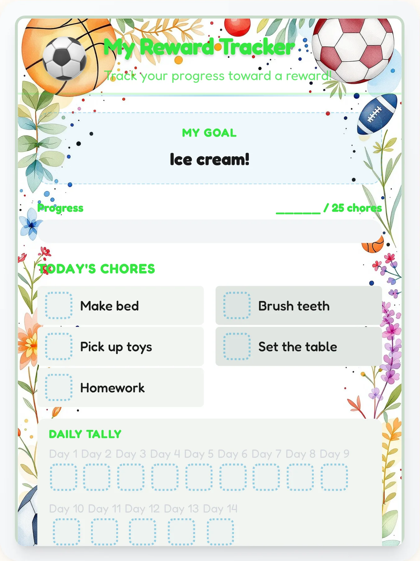 Vivid Sports Goal Chart - printable sports chore chart