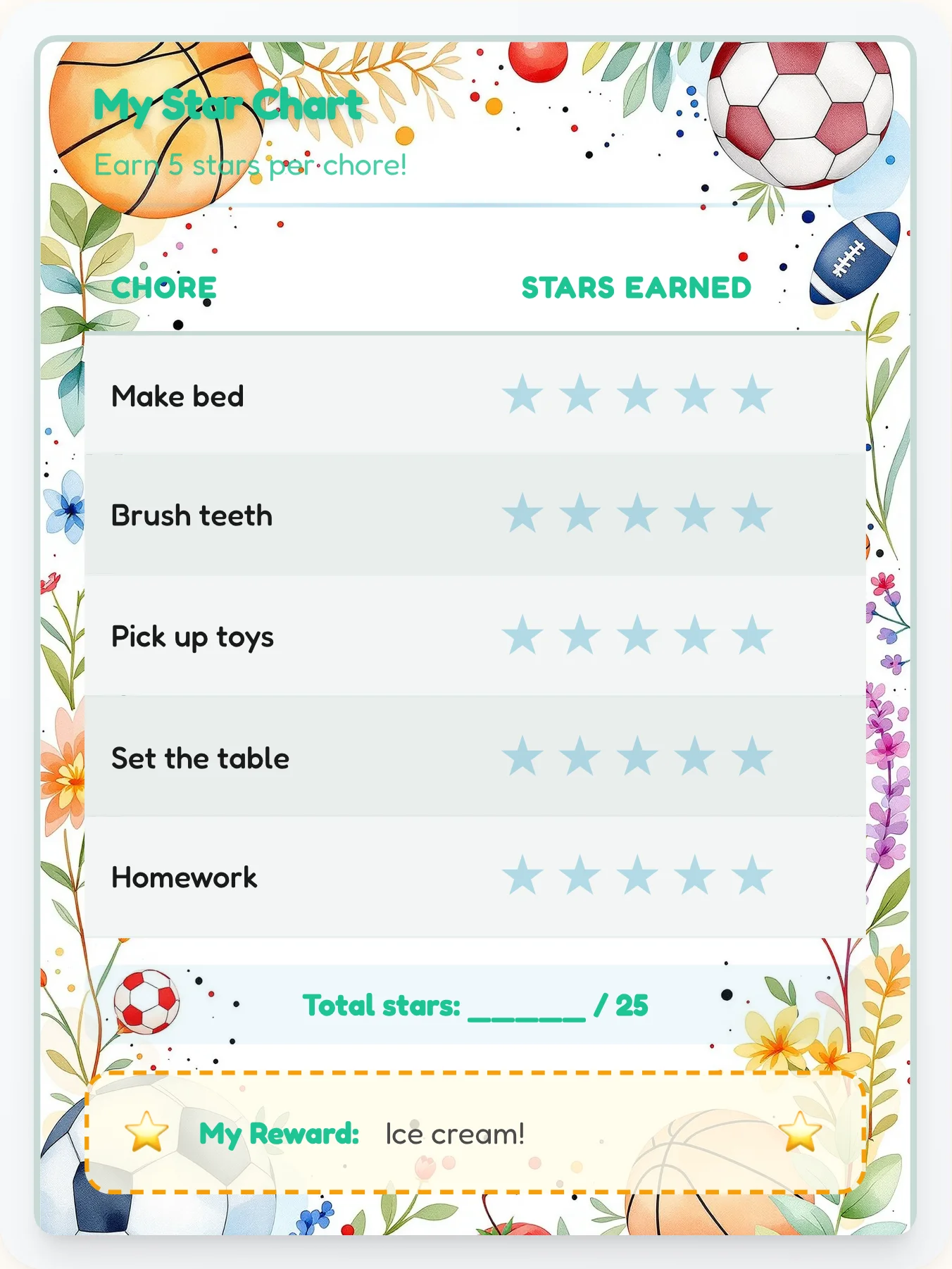 Enchanted Sports Star Rewards - printable sports chore chart