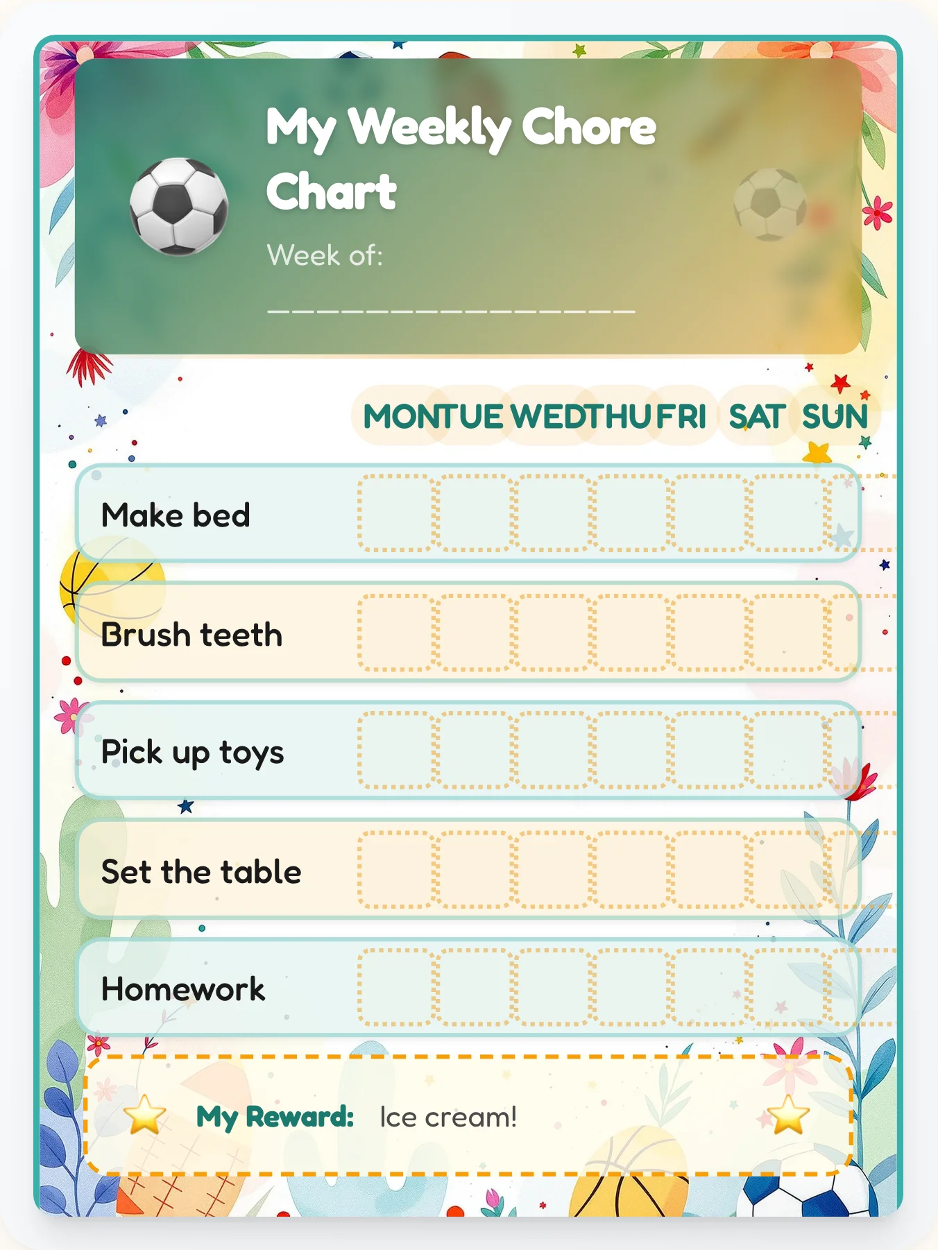 Champions Field Chore Chart - printable sports chore chart