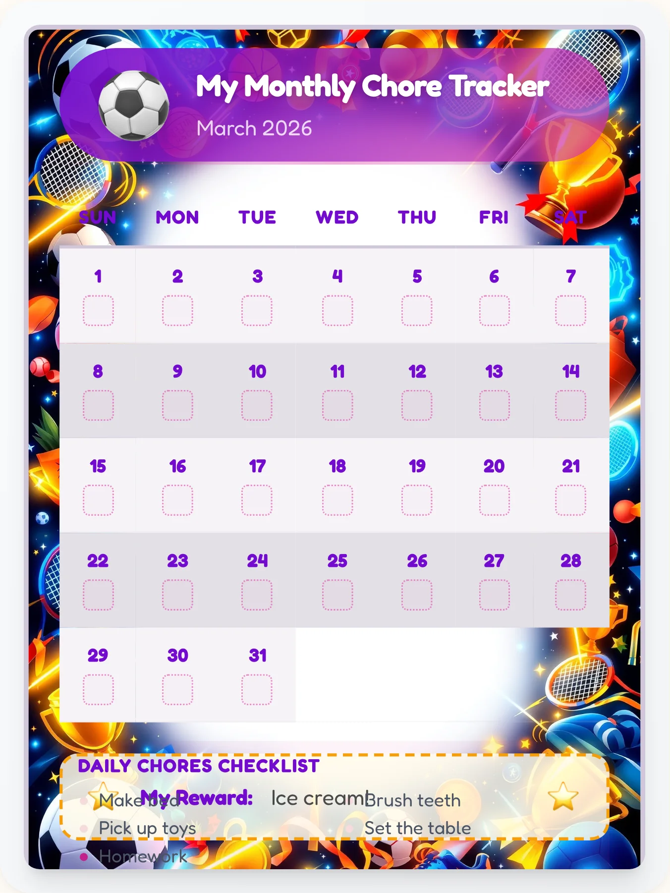 Tranquil Sports Monthly Grid - printable sports chore chart