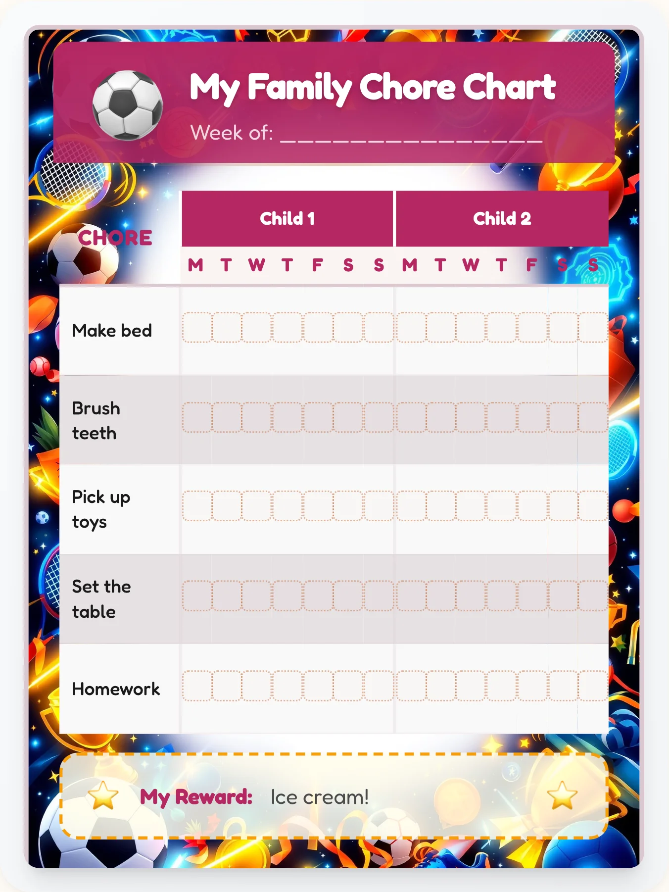 Delicate Sports Multi-Kid Tracker - printable sports chore chart
