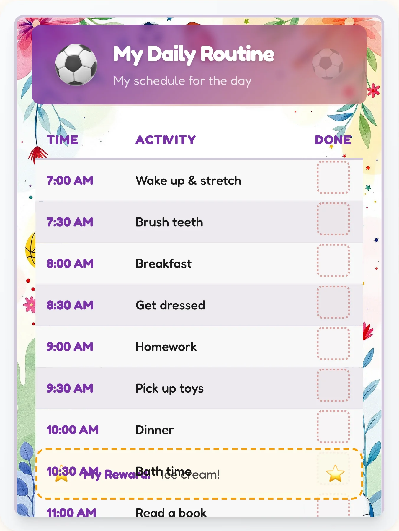 Tranquil Sports Routine Board - printable sports chore chart
