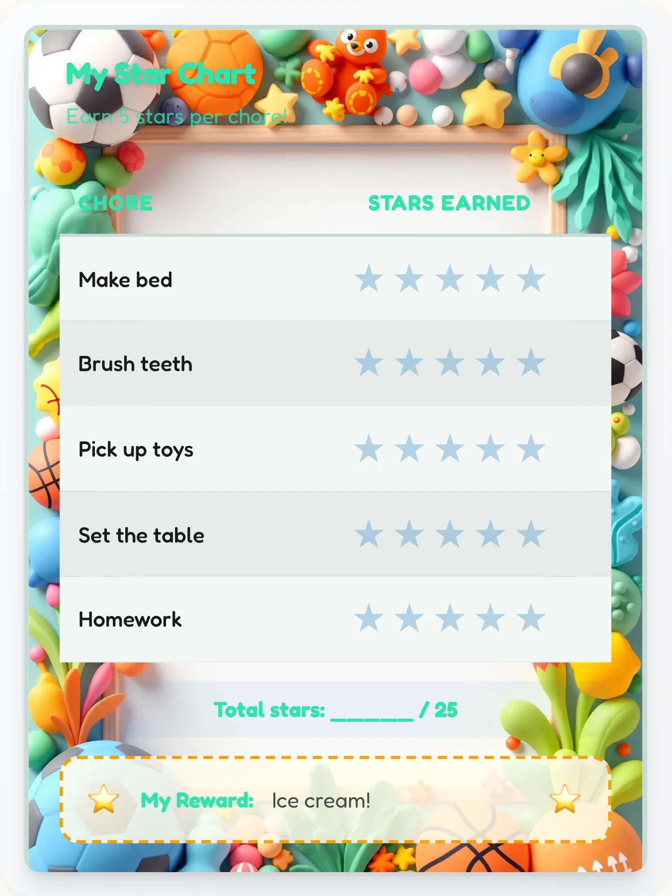 Enchanted Sports Star Rewards - printable sports chore chart