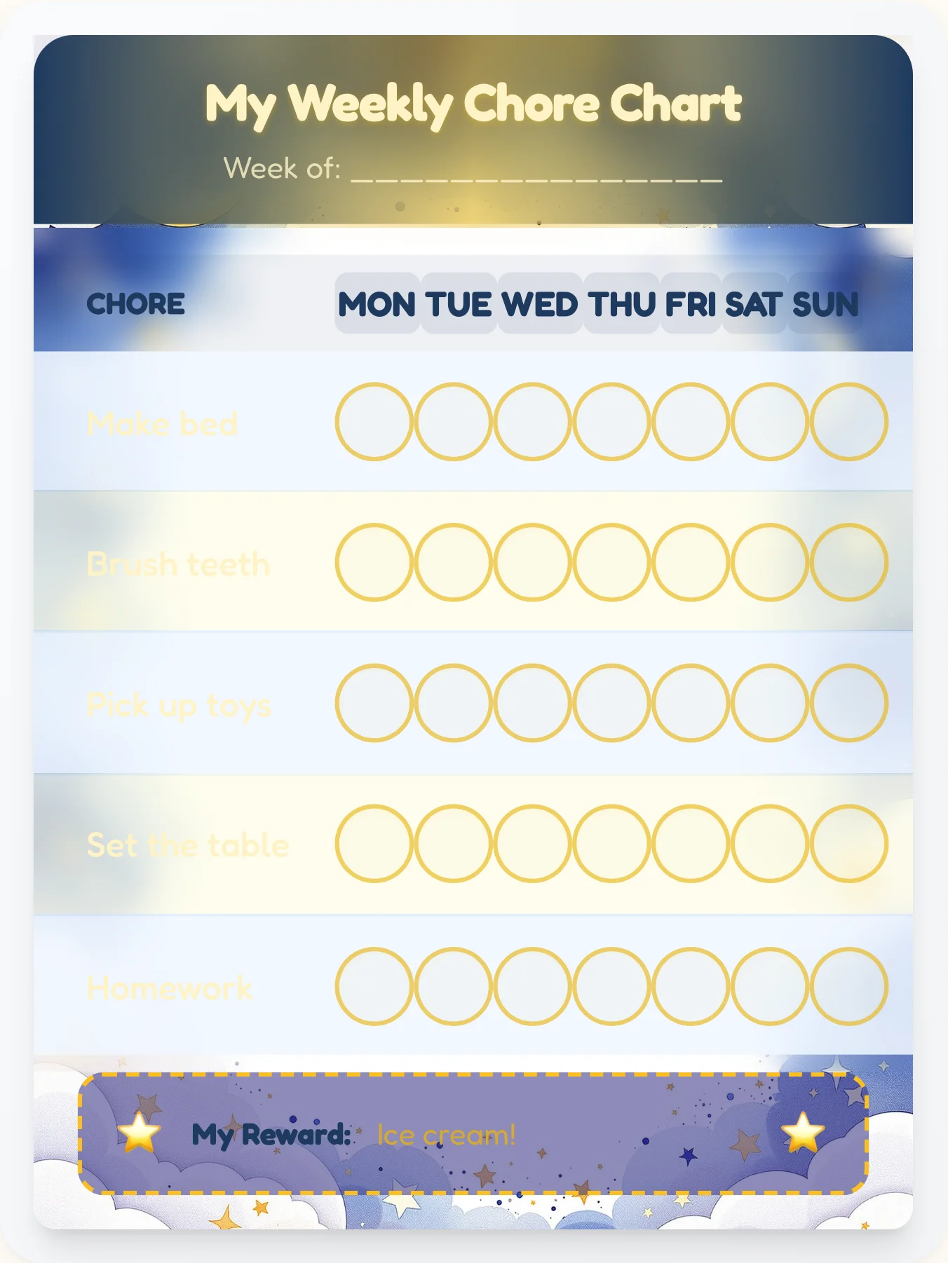 Starry Night Watercolor Chore Chart - printable stars chore chart