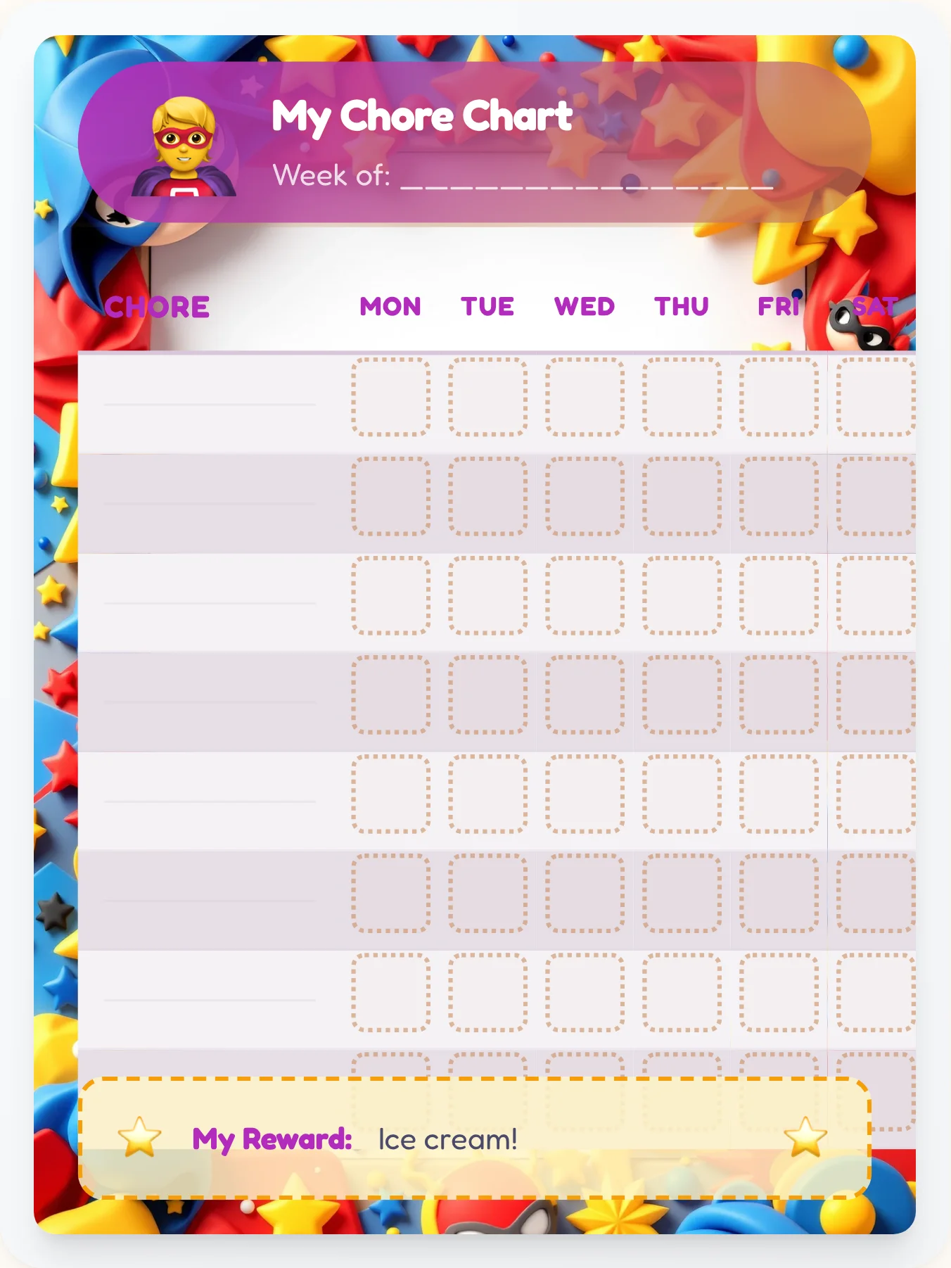 Whimsical Superhero Open Template - printable superhero chore chart