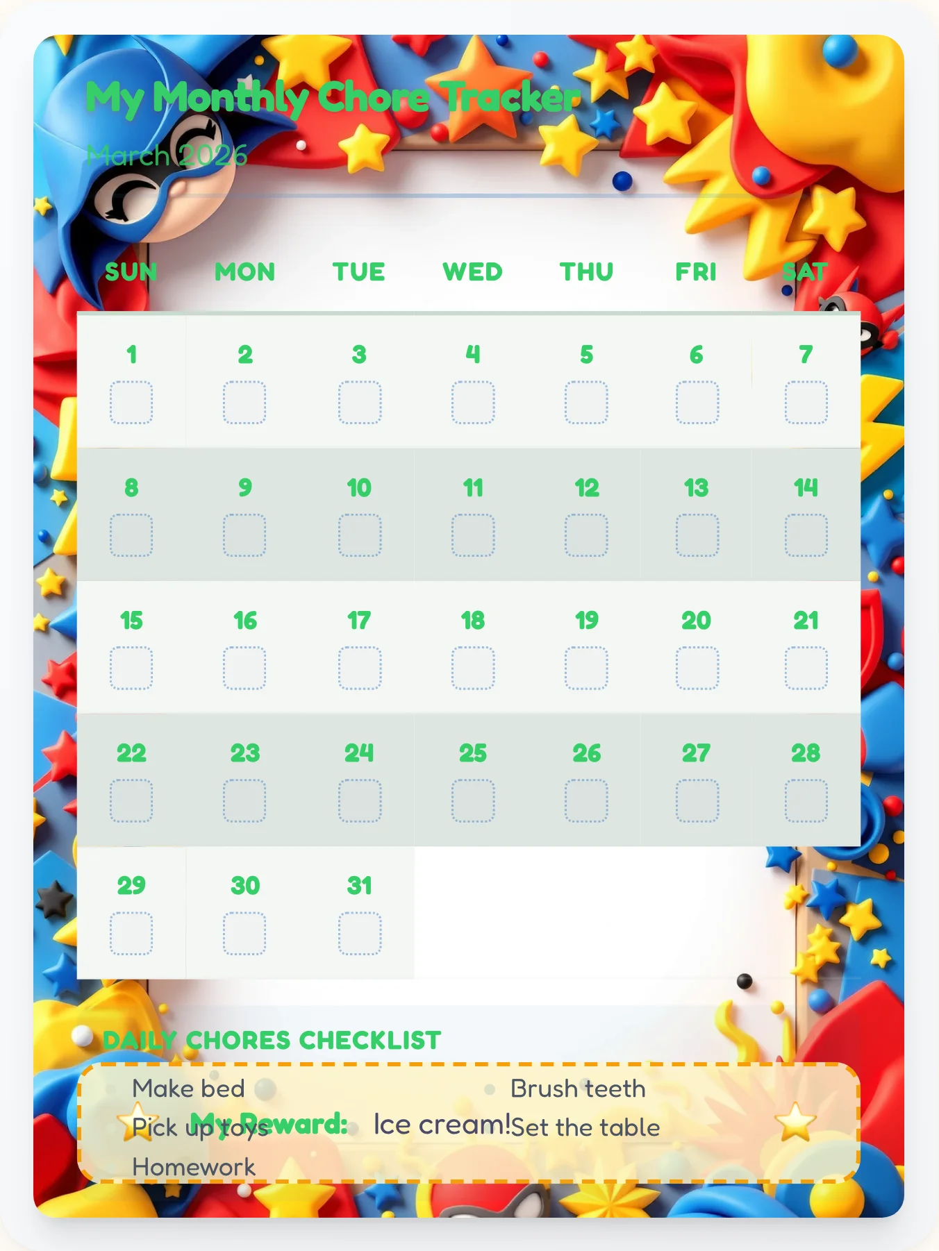 Zen Superhero Month View - printable superhero chore chart