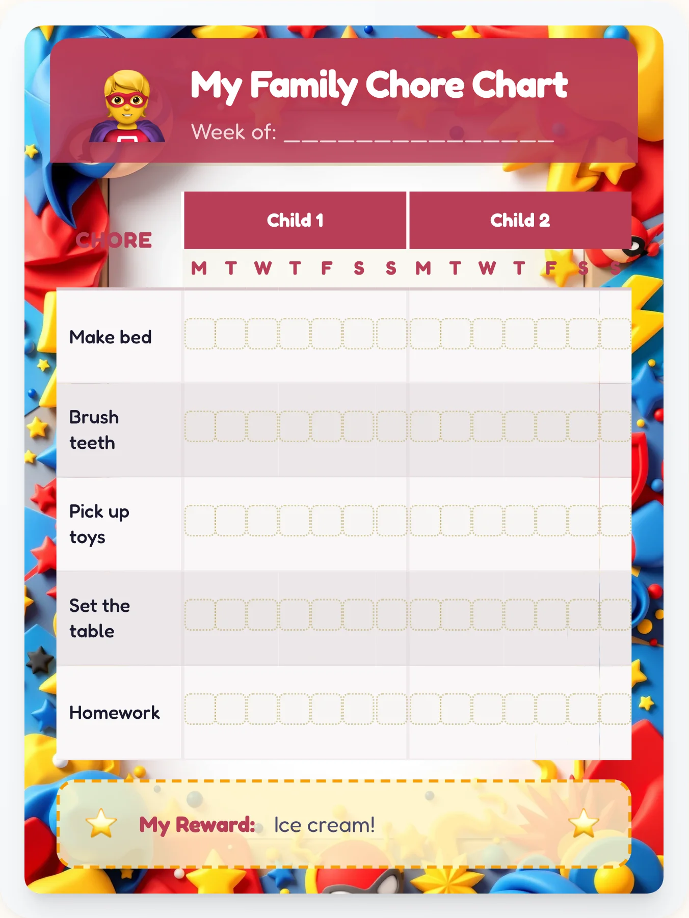 Frosty Superhero Family Chart - printable superhero chore chart