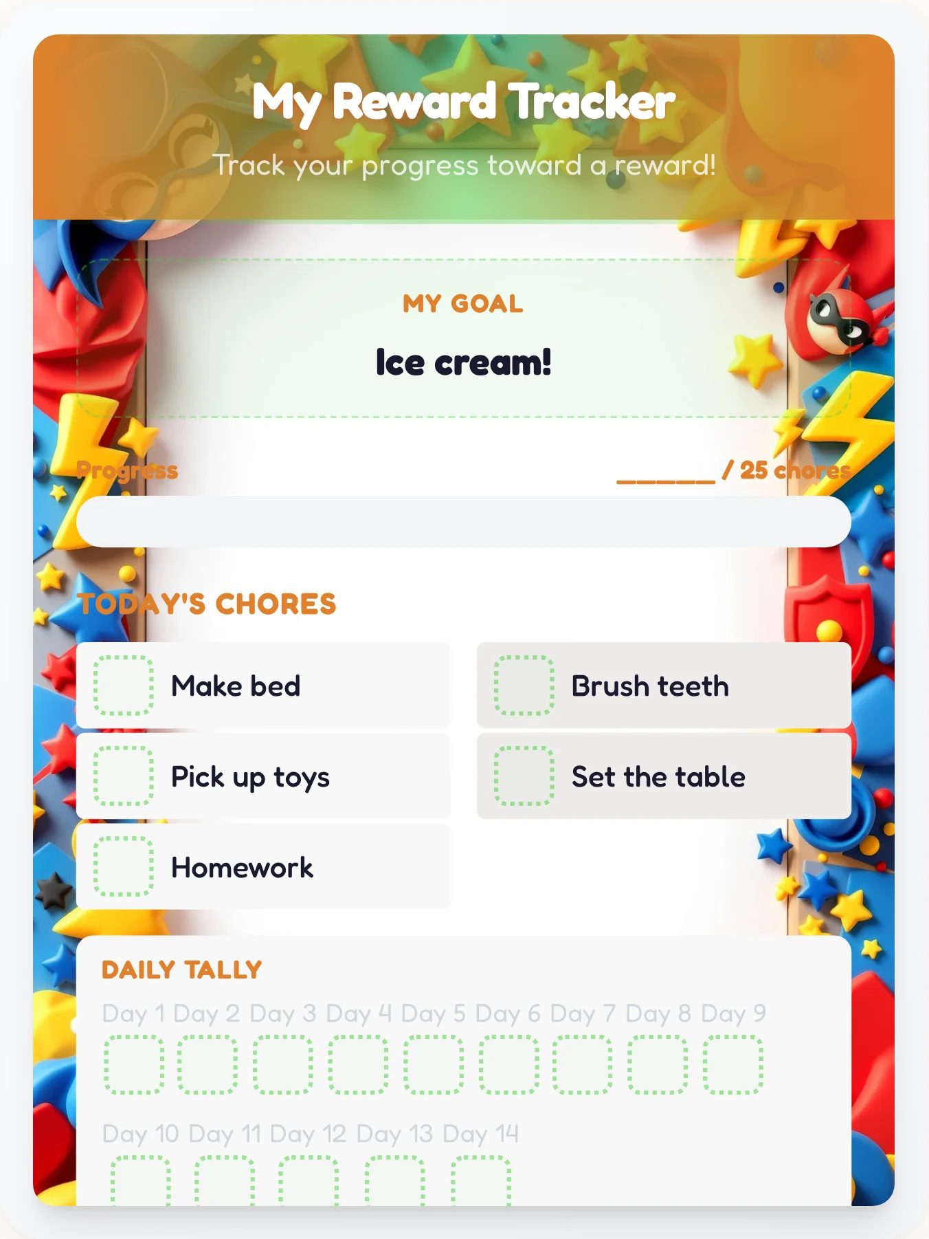 Fresh Superhero Achievement Board - printable superhero chore chart
