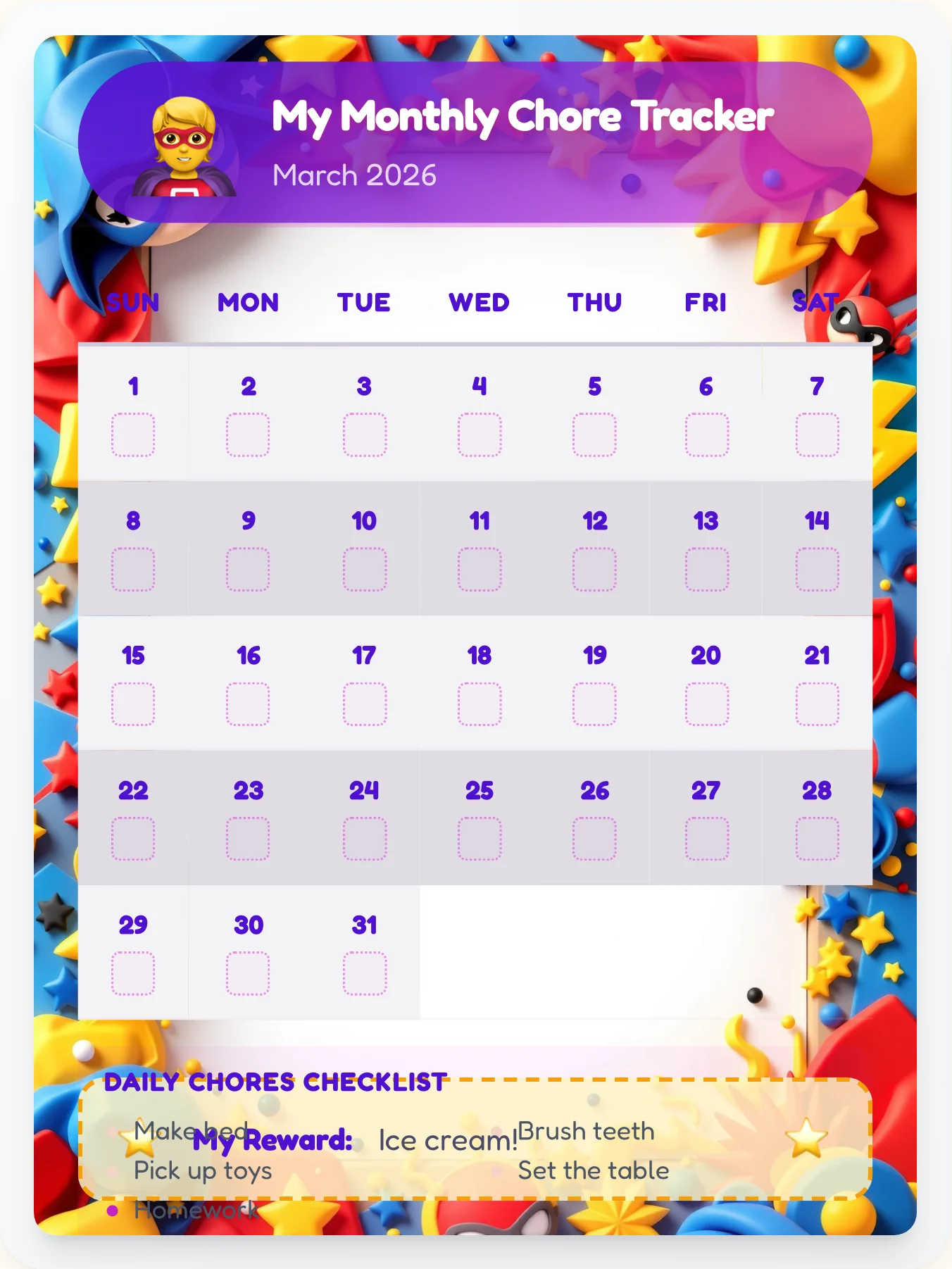Royal Superhero Calendar Chart - printable superhero chore chart