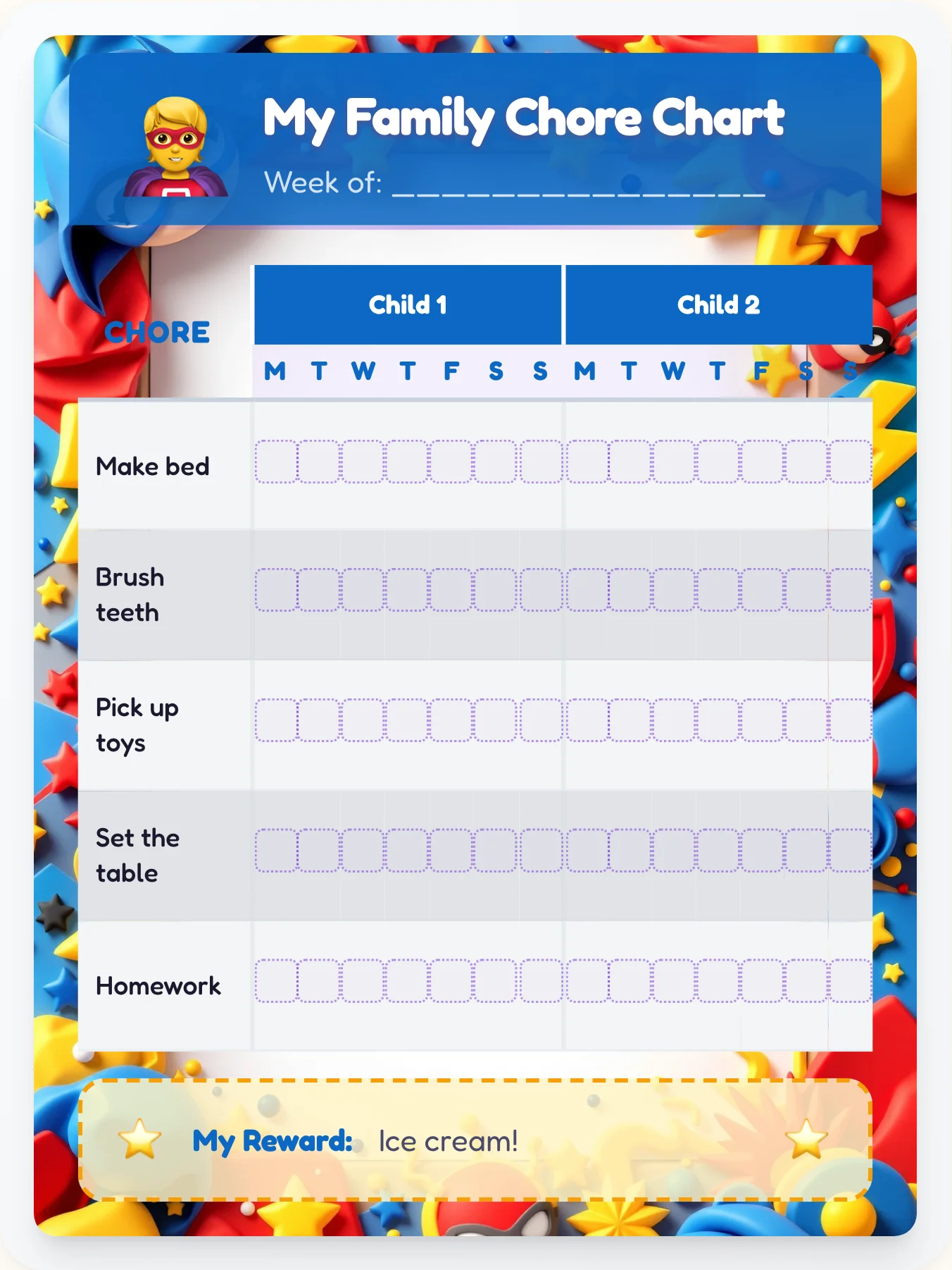 Kind Superhero Sibling Board - printable superhero chore chart