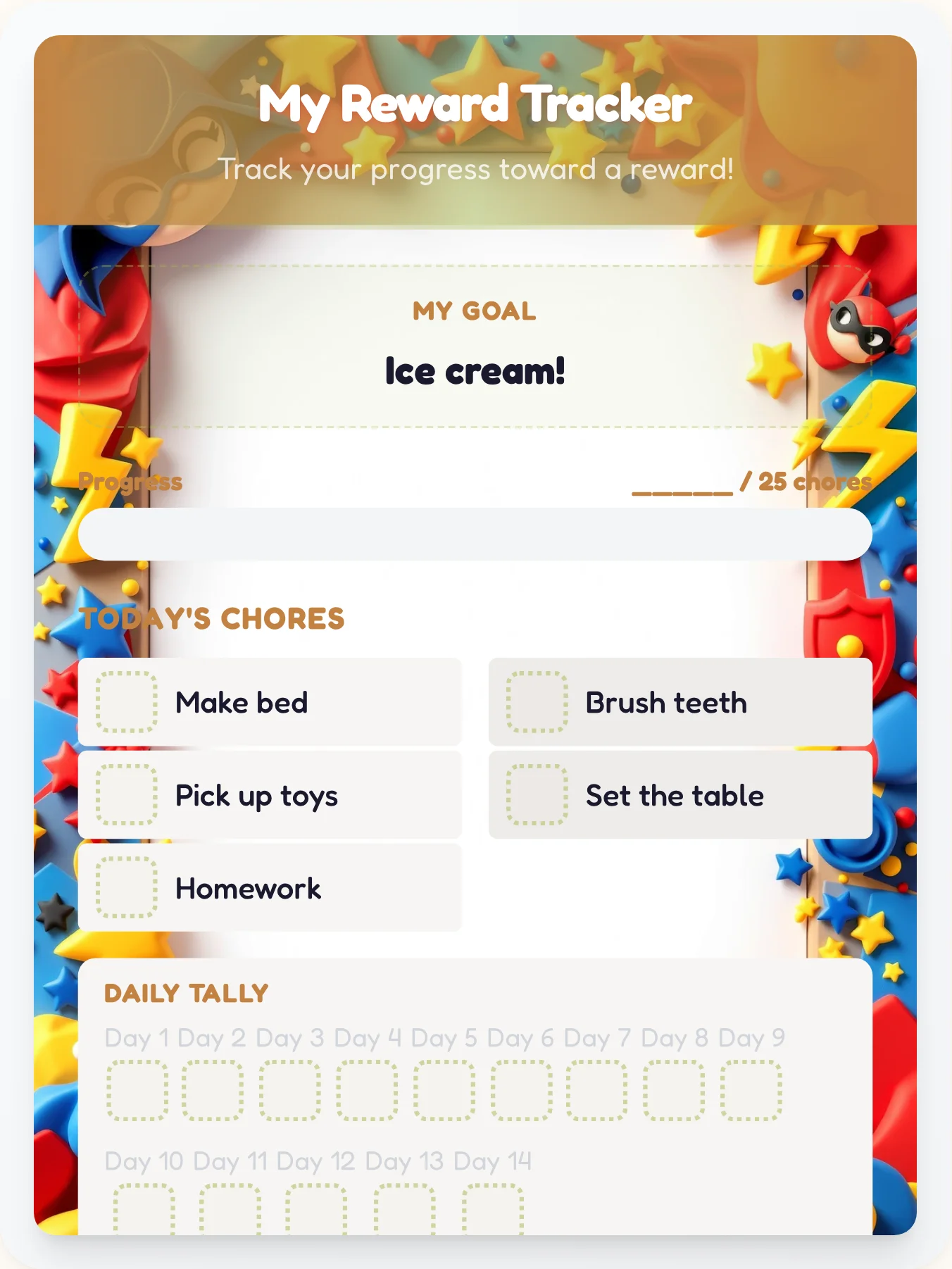 Fresh Superhero Reward Board - printable superhero chore chart