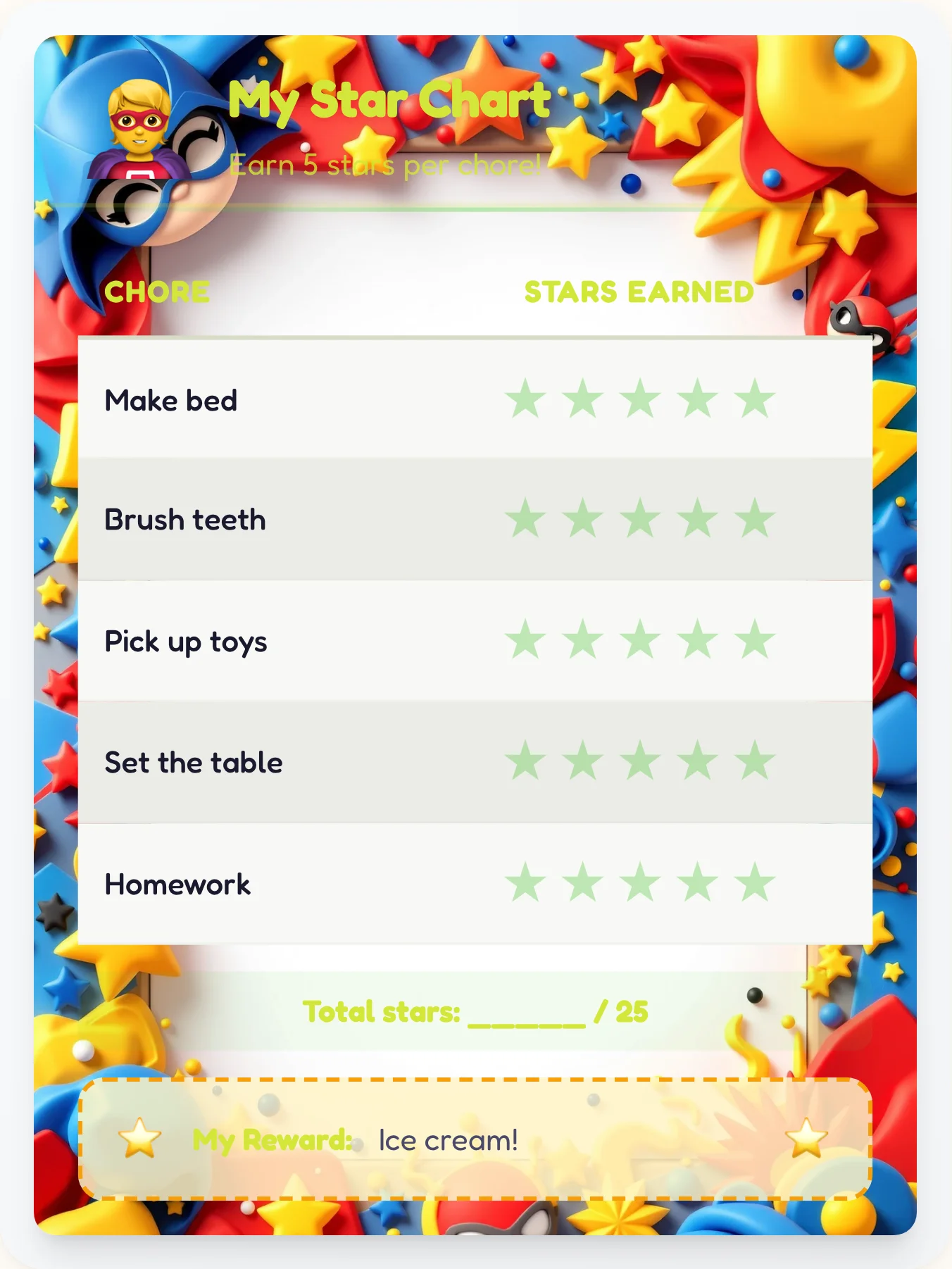 Misty Superhero Gold Stars - printable superhero chore chart