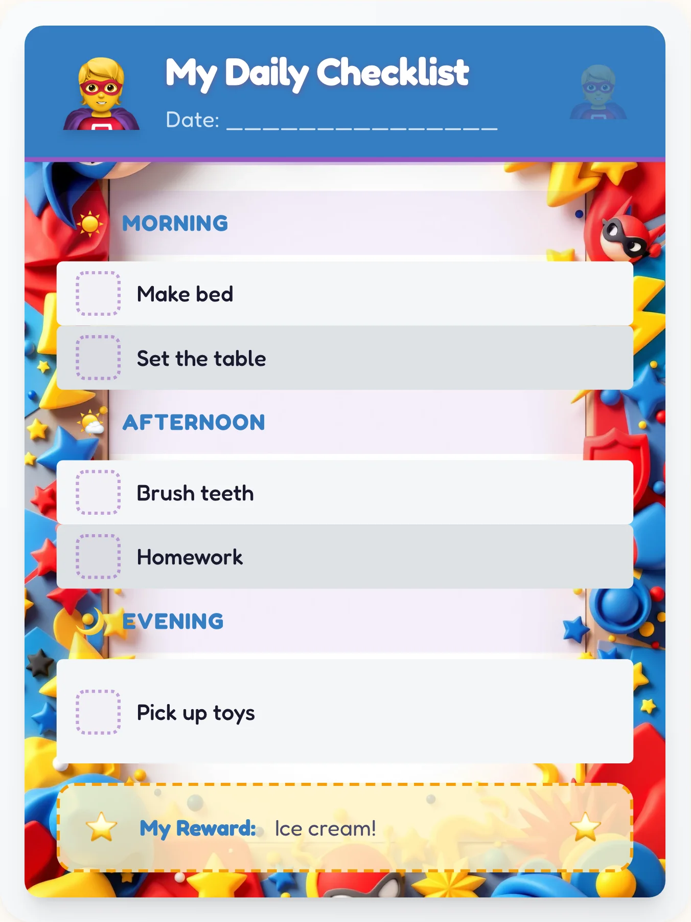 Kind Superhero Daily Planner - printable superhero chore chart