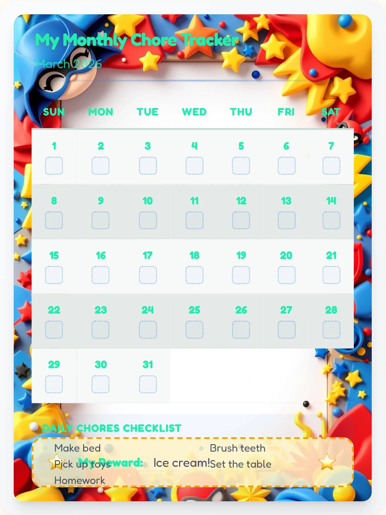 Enchanted Superhero Calendar Board - printable superhero chore chart