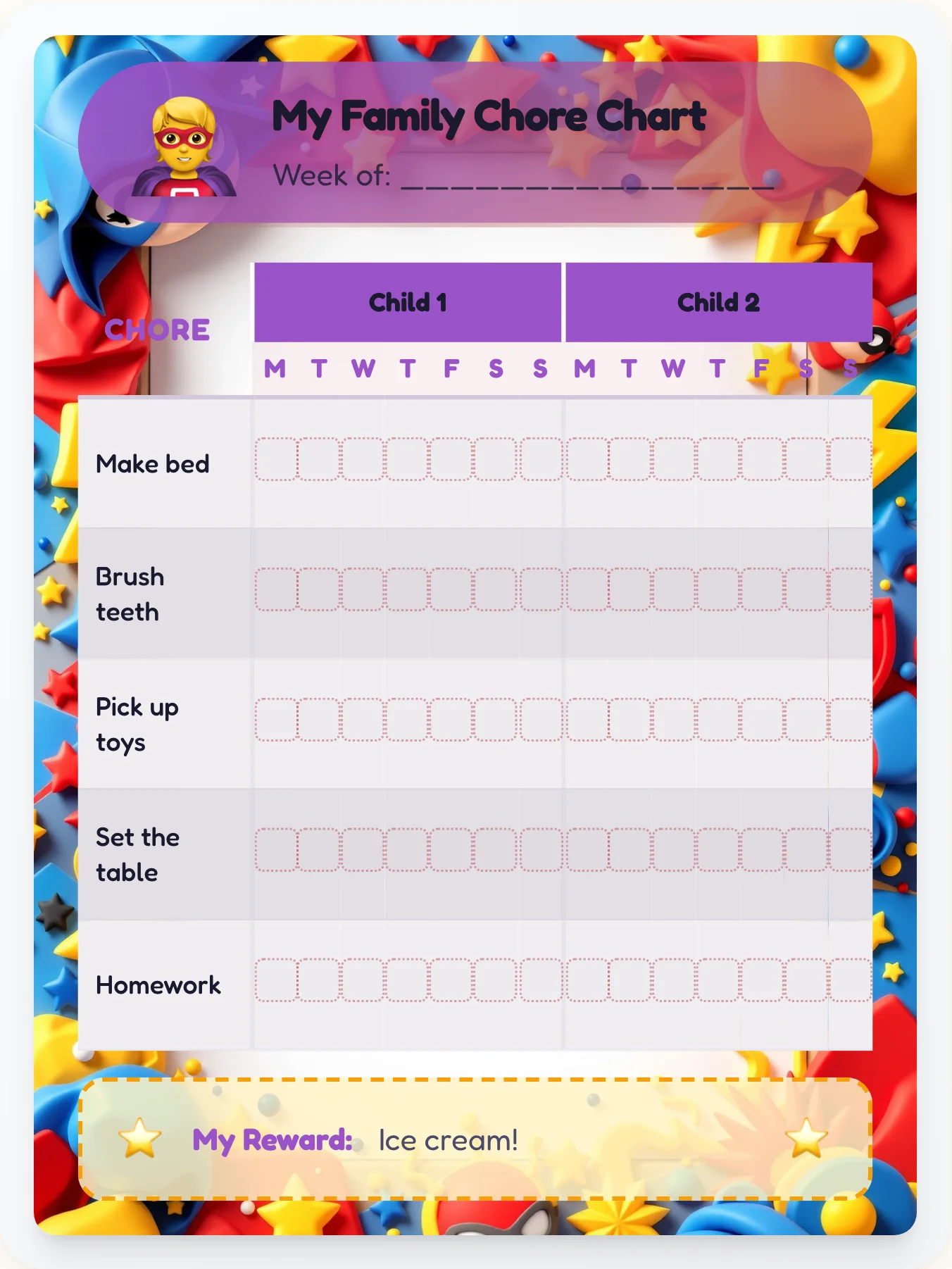 Tranquil Superhero Family Chart - printable superhero chore chart