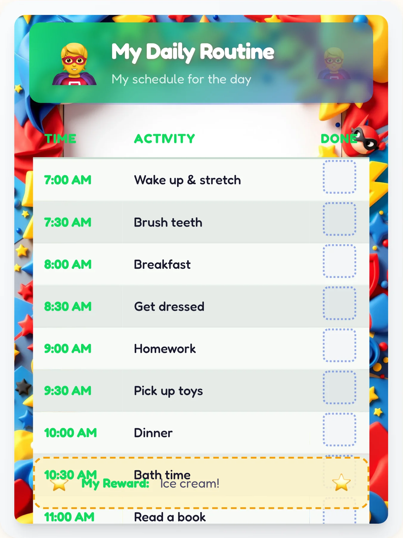 Zen Superhero Daily Routine - printable superhero chore chart