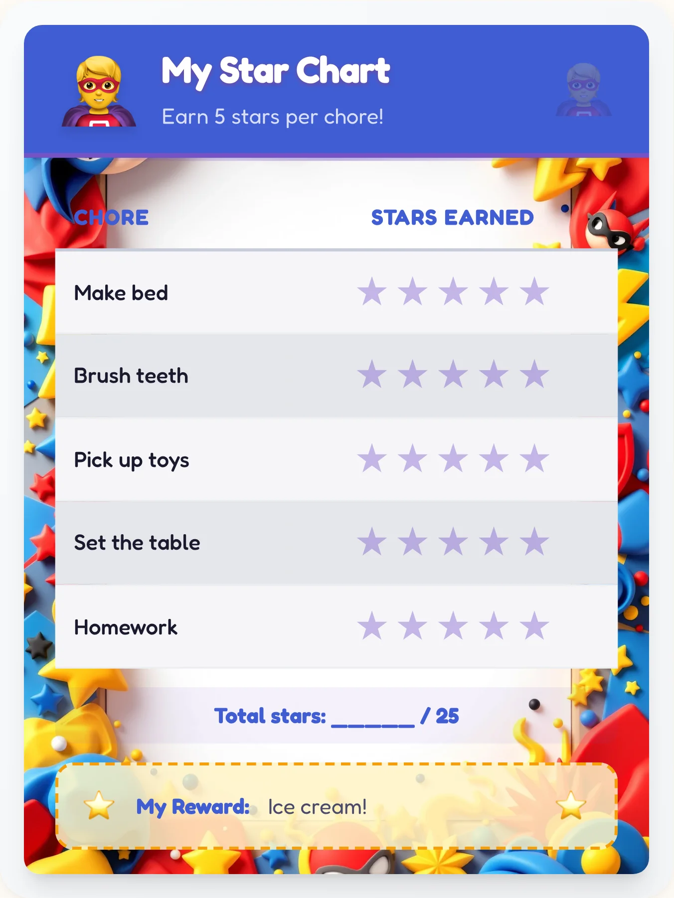 Mellow Superhero Star Board - printable superhero chore chart