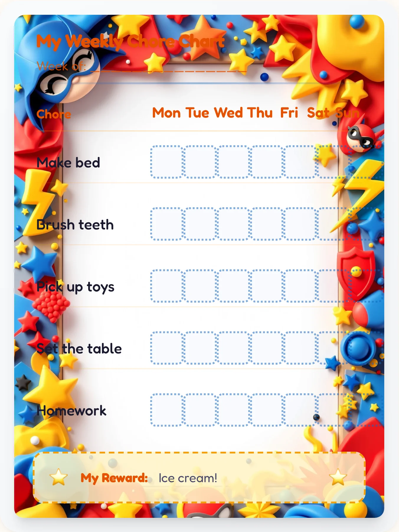 Sidekick Sketches Chore Chart - printable superhero chore chart