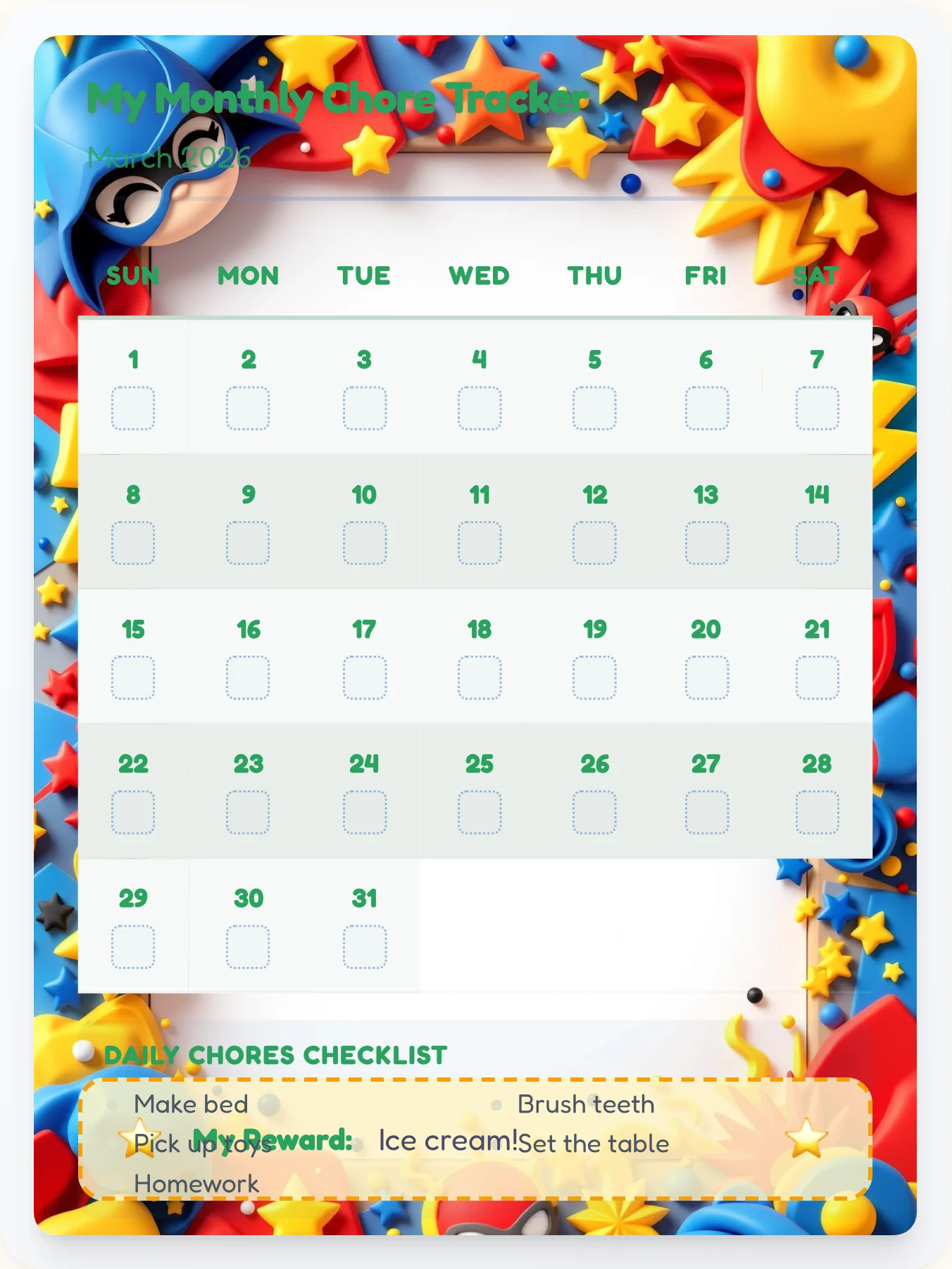 Cheerful Superhero Calendar Chart - printable superhero chore chart