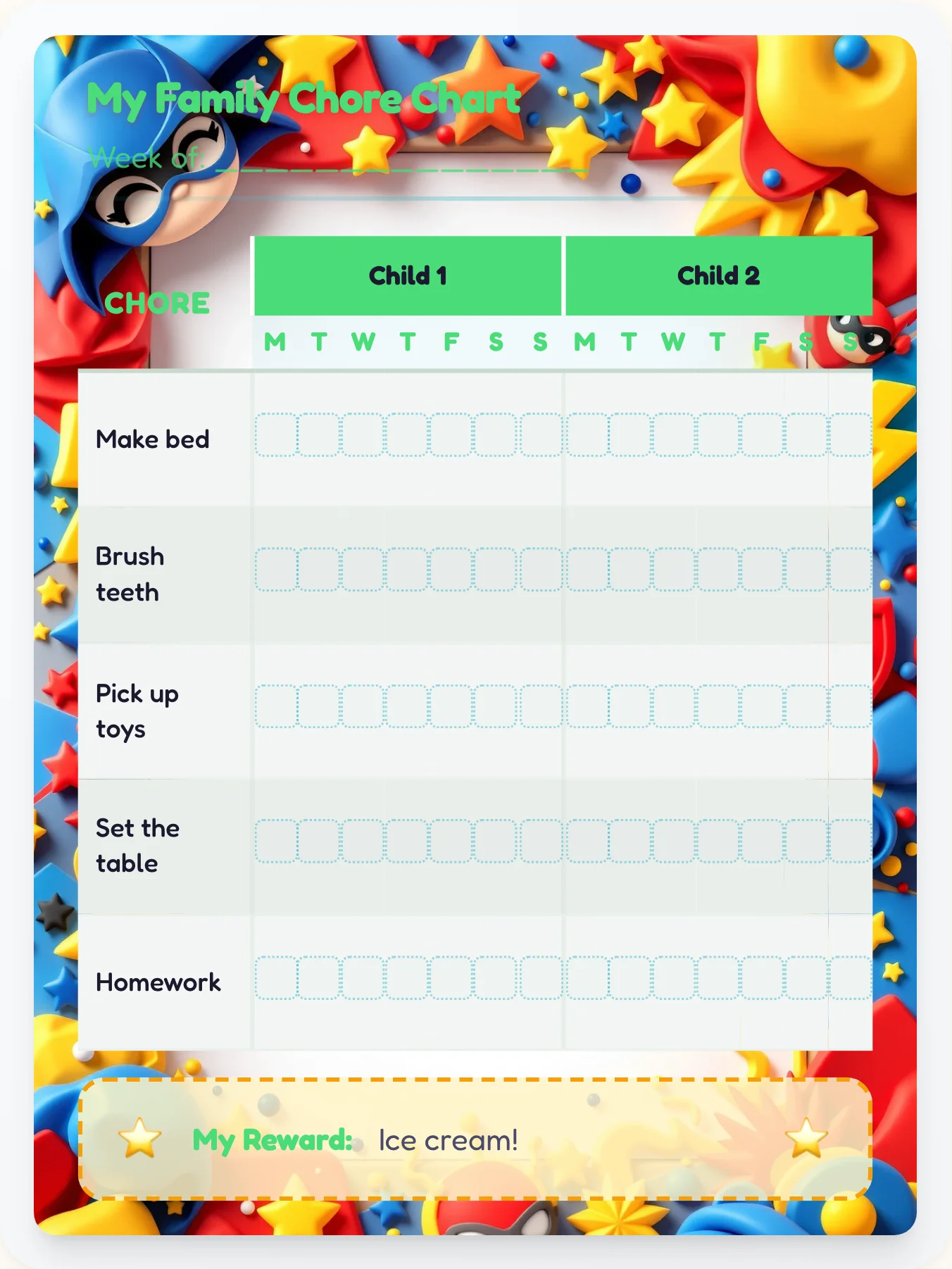 Zen Superhero Team Chart - printable superhero chore chart