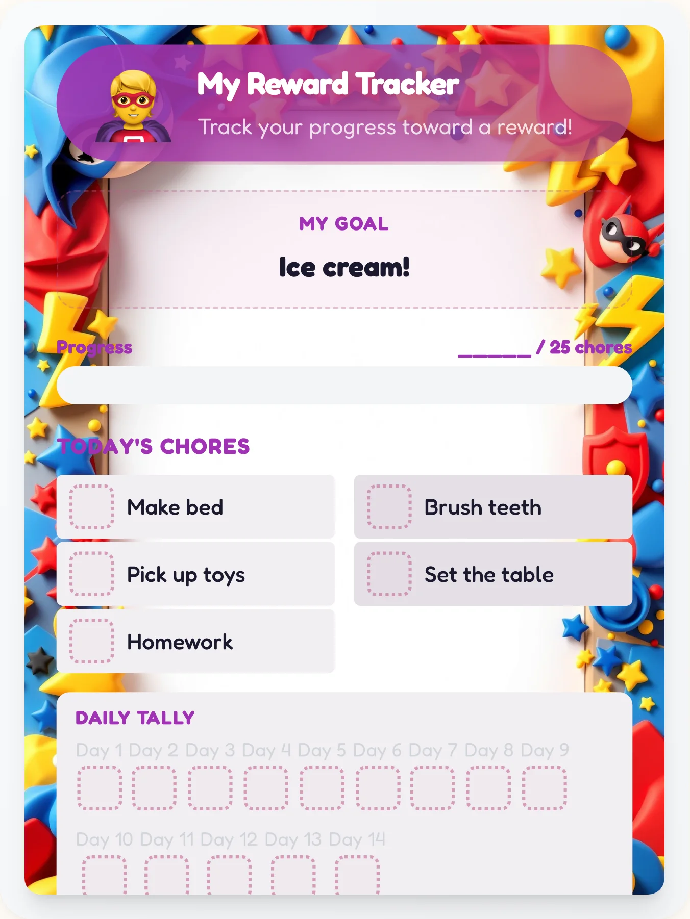 Vibrant Superhero Prize Chart - printable superhero chore chart