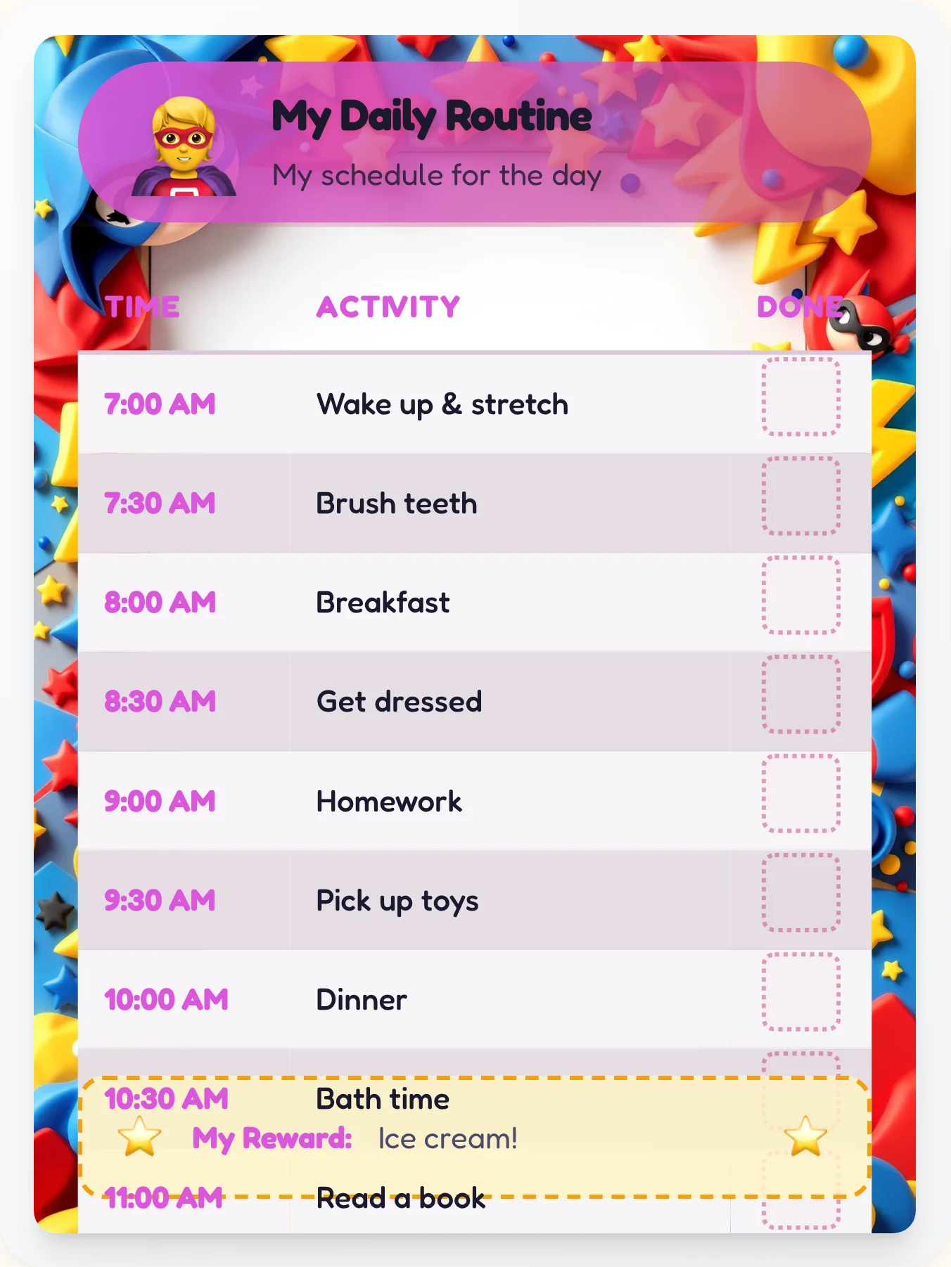 Whimsical Superhero Time Planner - printable superhero chore chart
