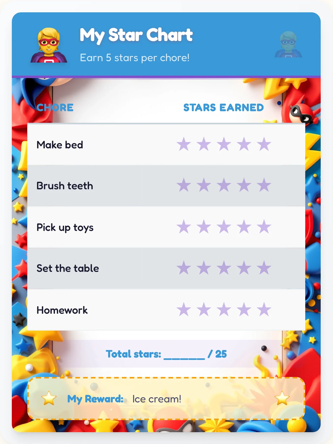 Joyful Superhero Gold Stars - printable superhero chore chart