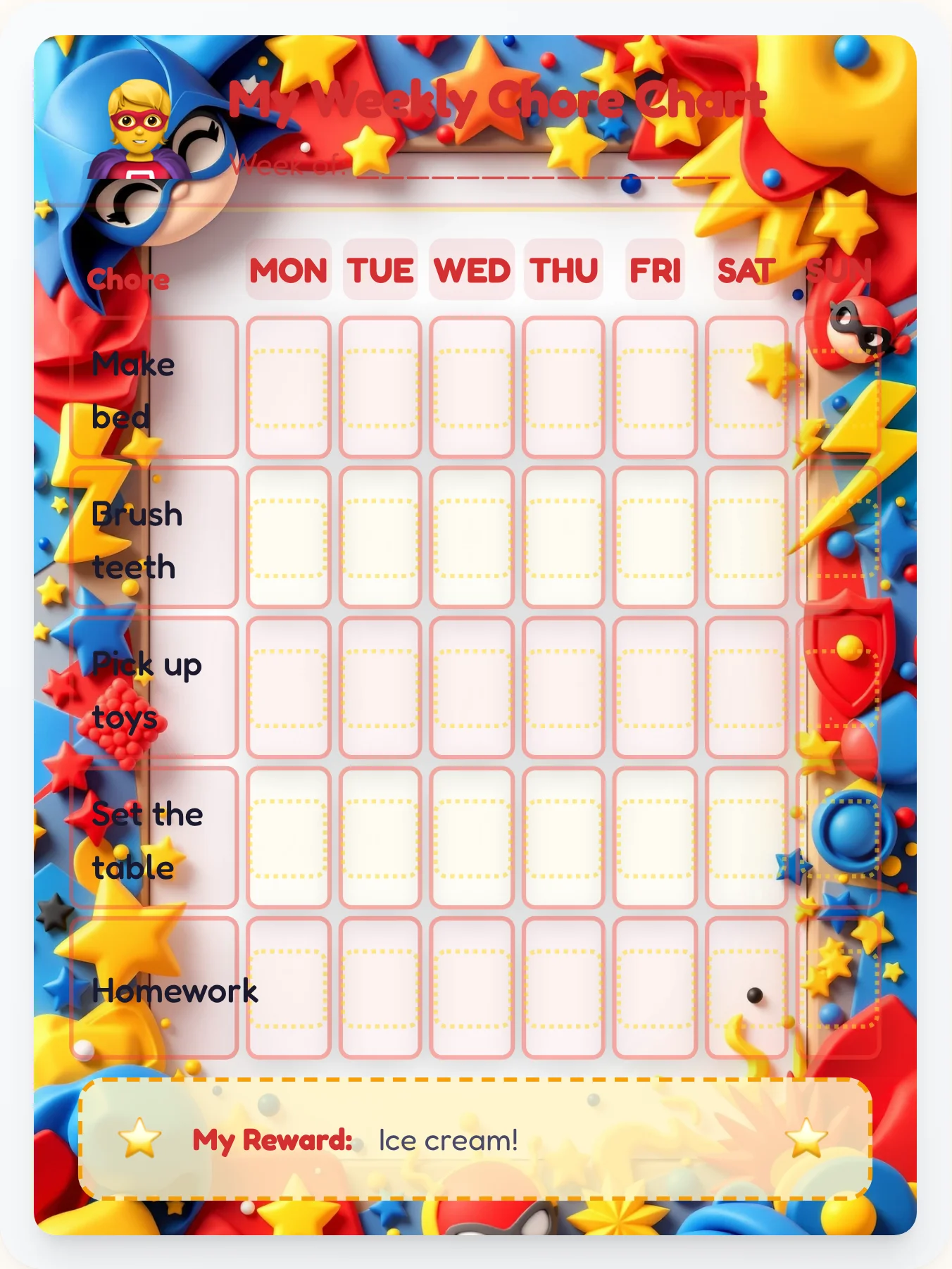 Comic Pop Chore Chart - printable superhero chore chart