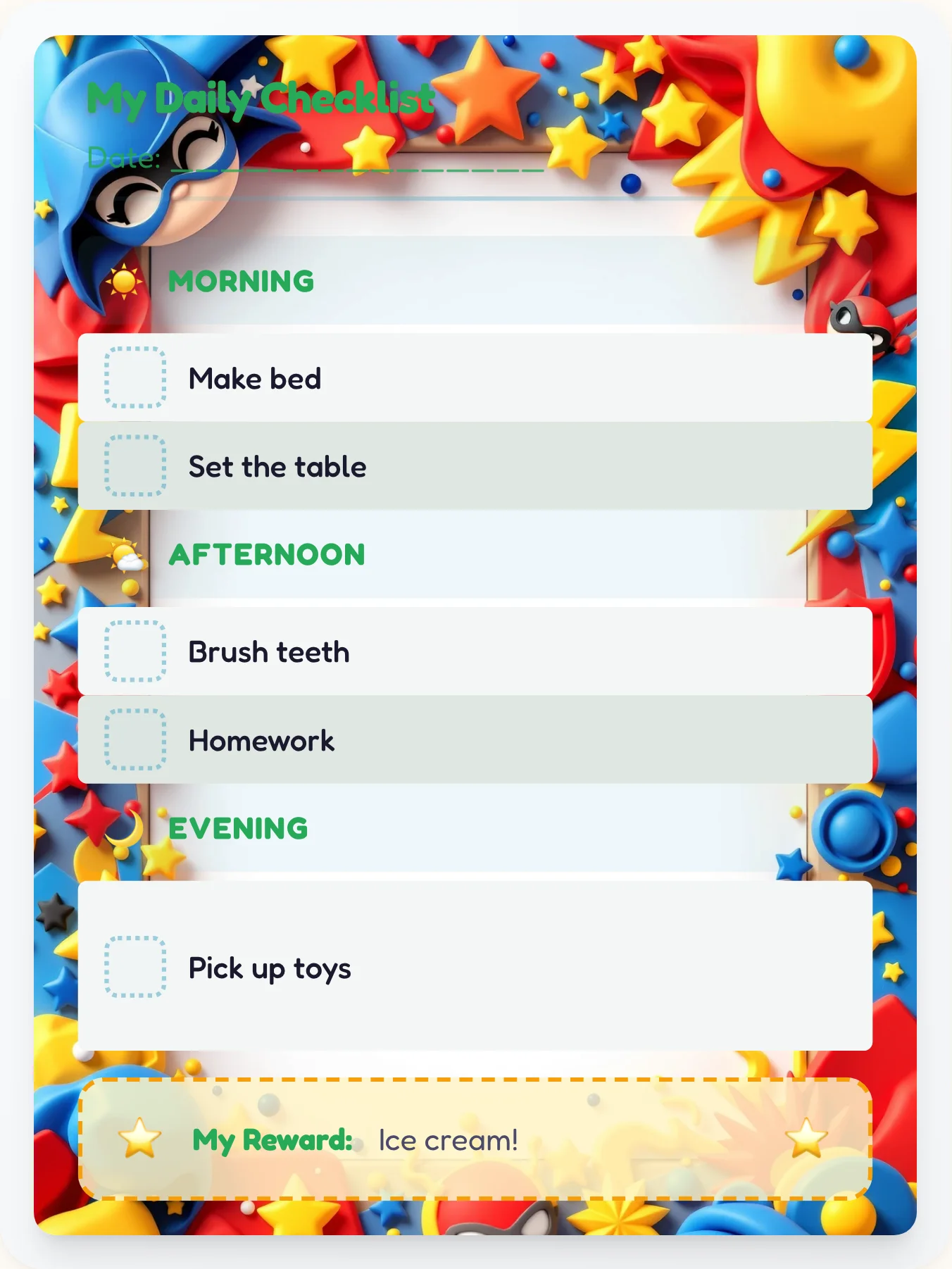 Zen Superhero Day Tracker - printable superhero chore chart