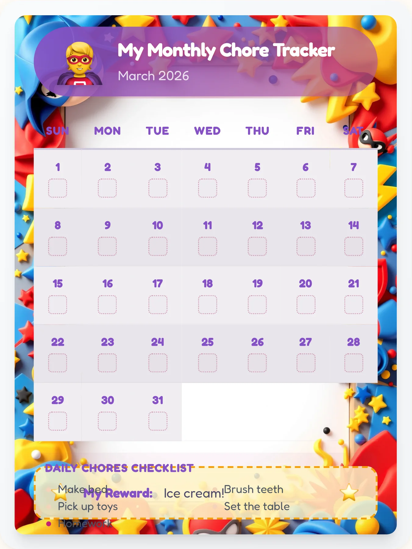 Serene Superhero Monthly Planner - printable superhero chore chart