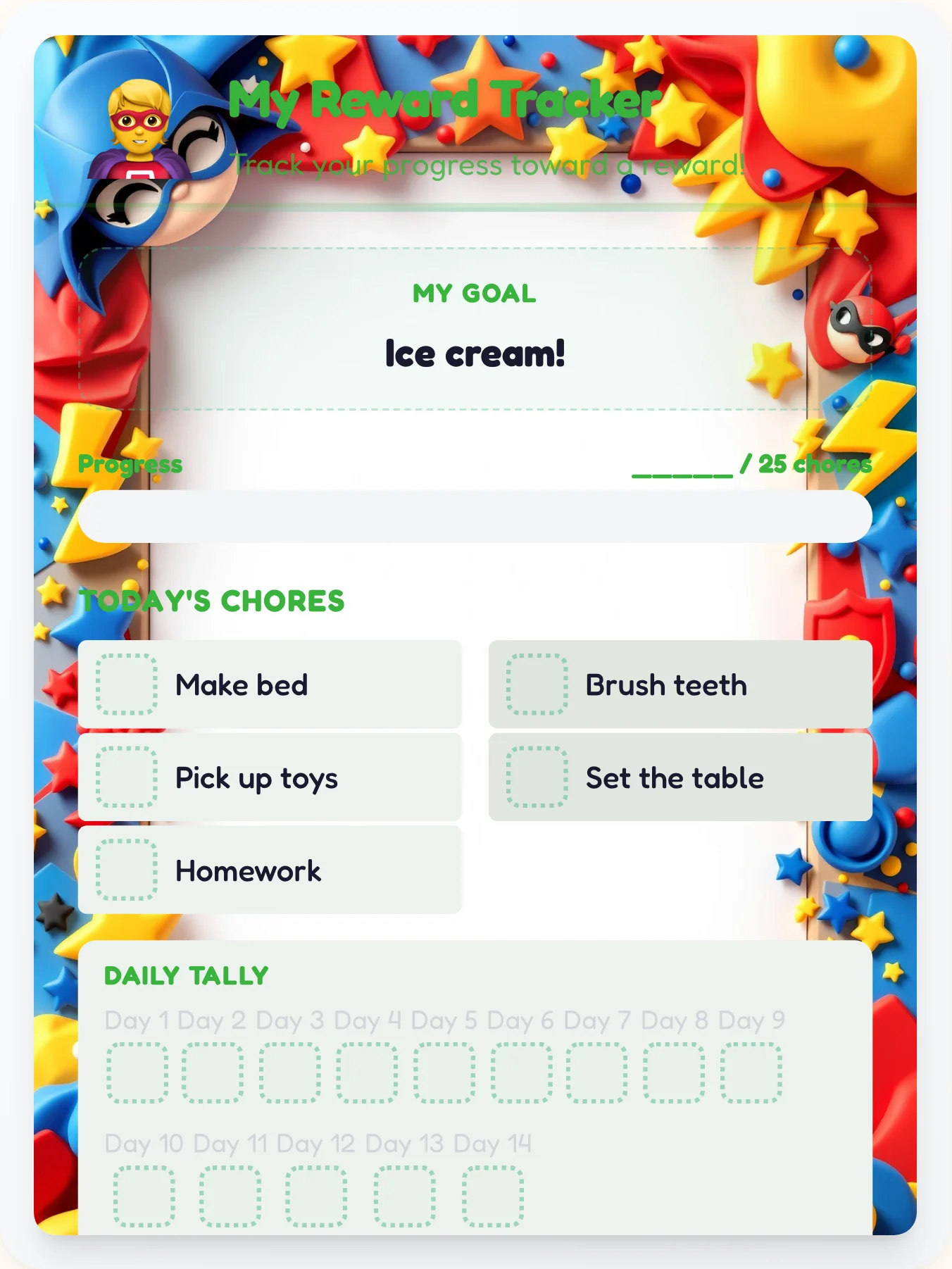 Vivid Superhero Reward Board - printable superhero chore chart