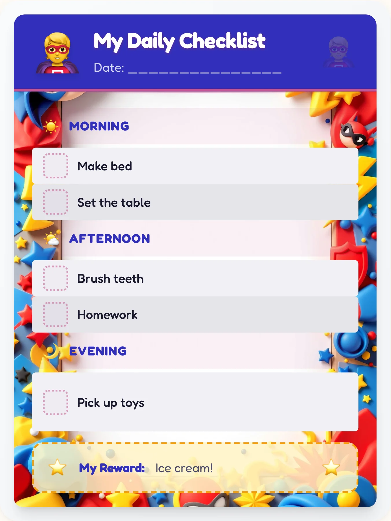 Organic Superhero Daily Planner - printable superhero chore chart