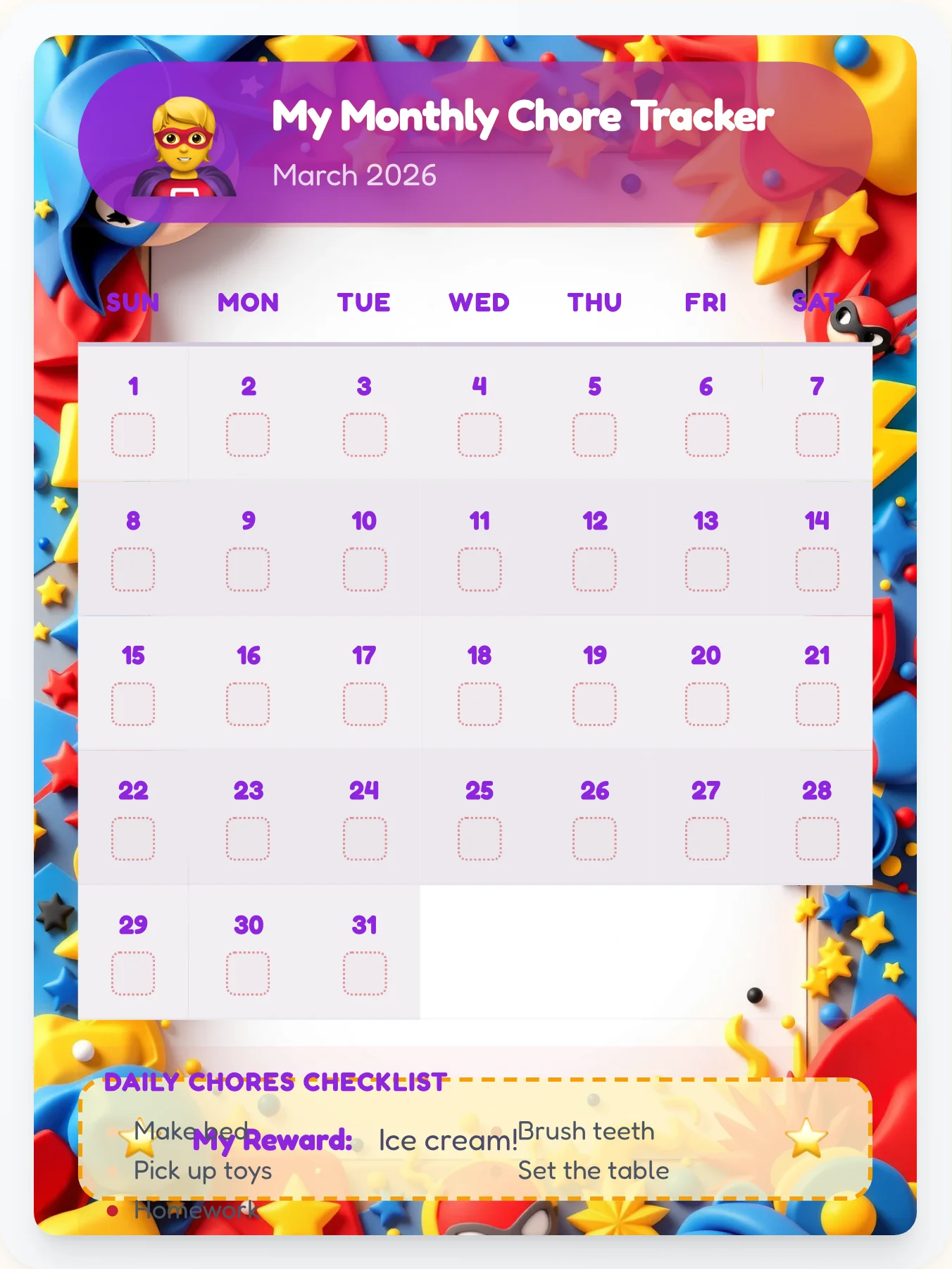 Tranquil Superhero Calendar Board - printable superhero chore chart