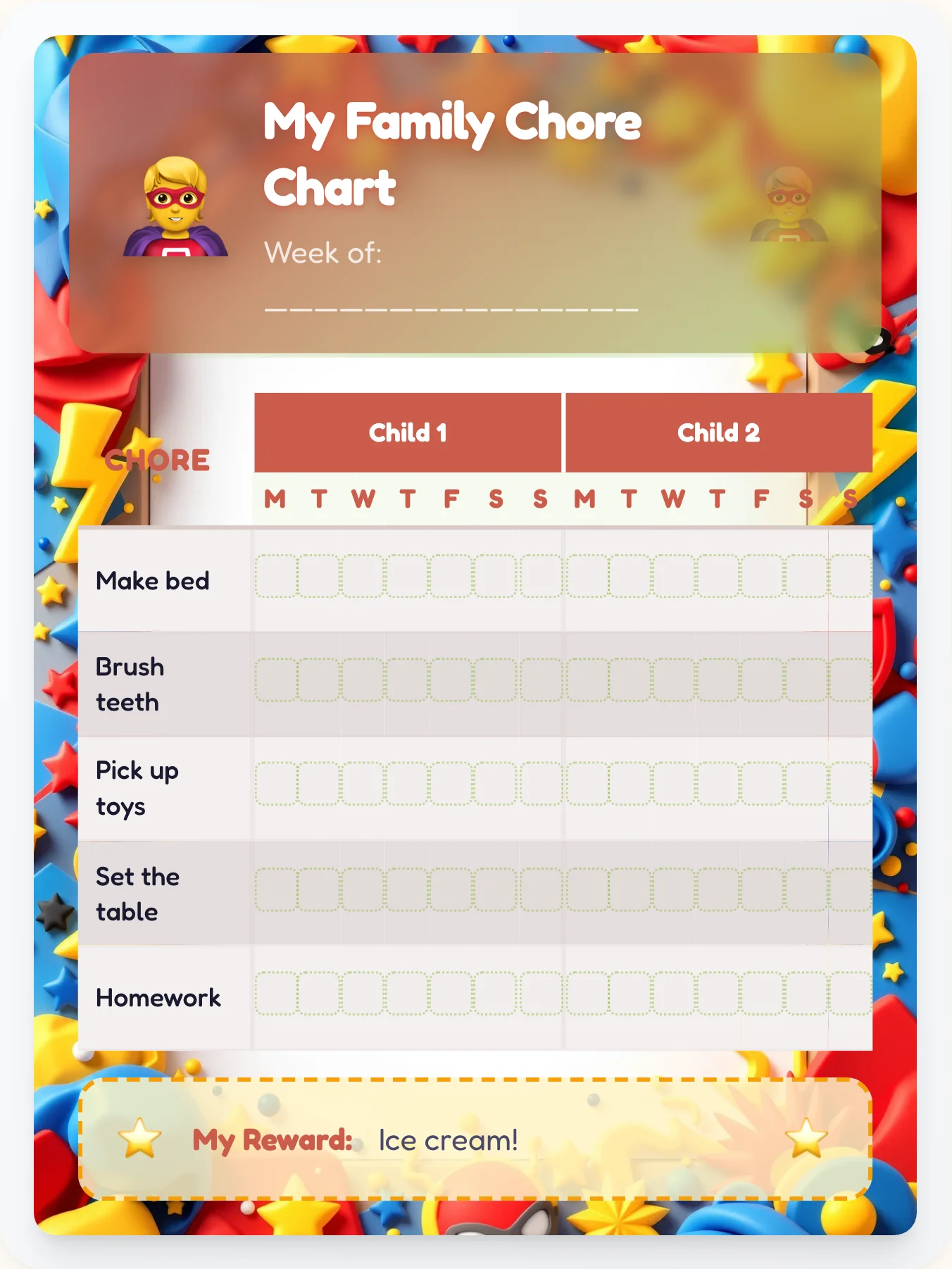Cozy Superhero Sibling Board - printable superhero chore chart