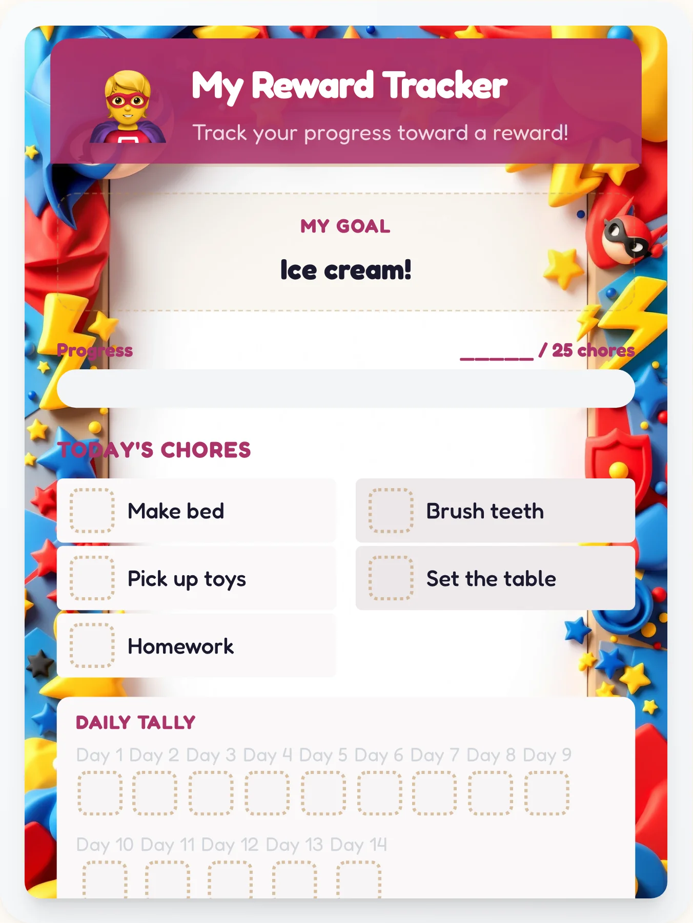 Delicate Superhero Reward Board - printable superhero chore chart