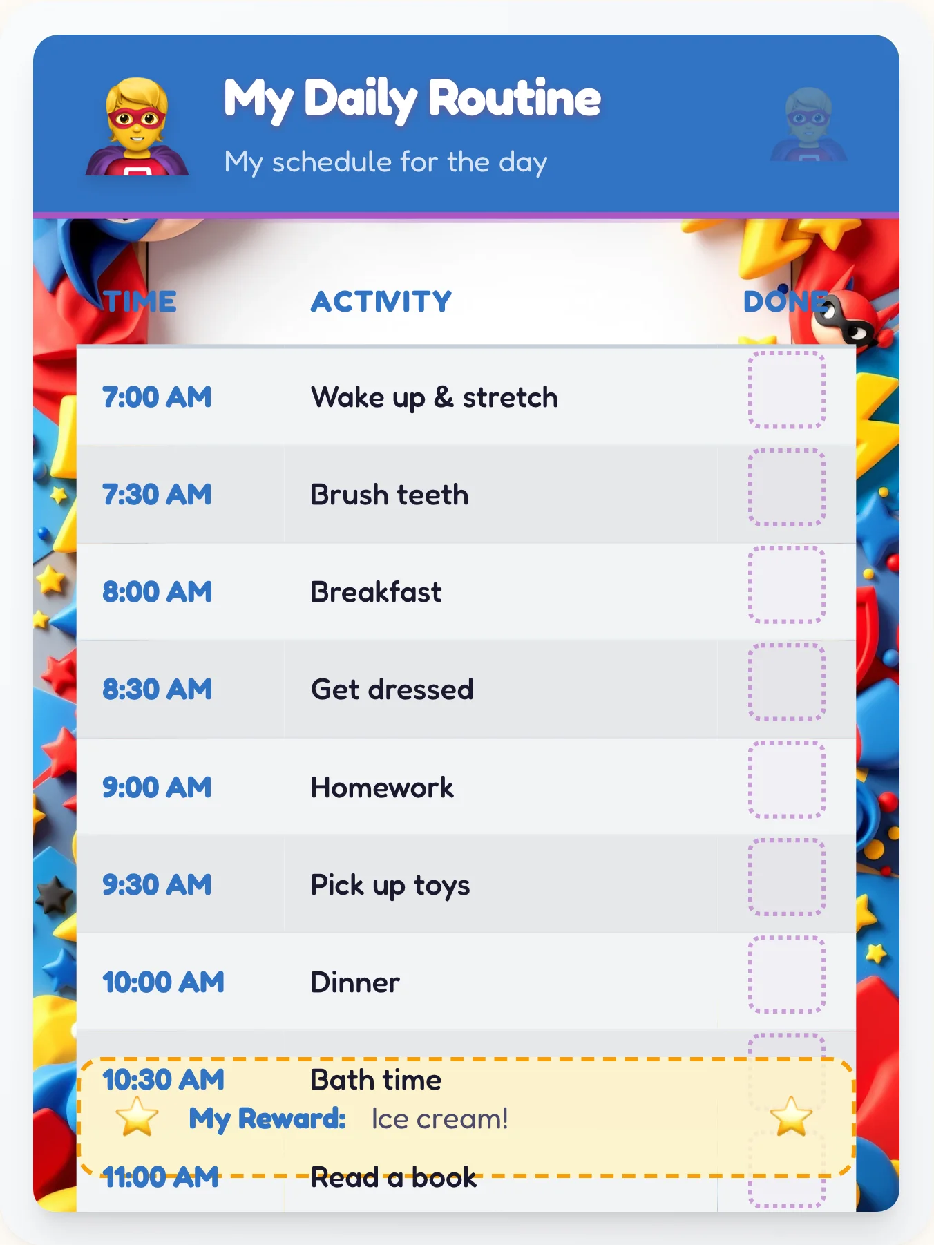 Kind Superhero Schedule Chart — Free Printable Routine Schedule Template - printable superhero chore chart