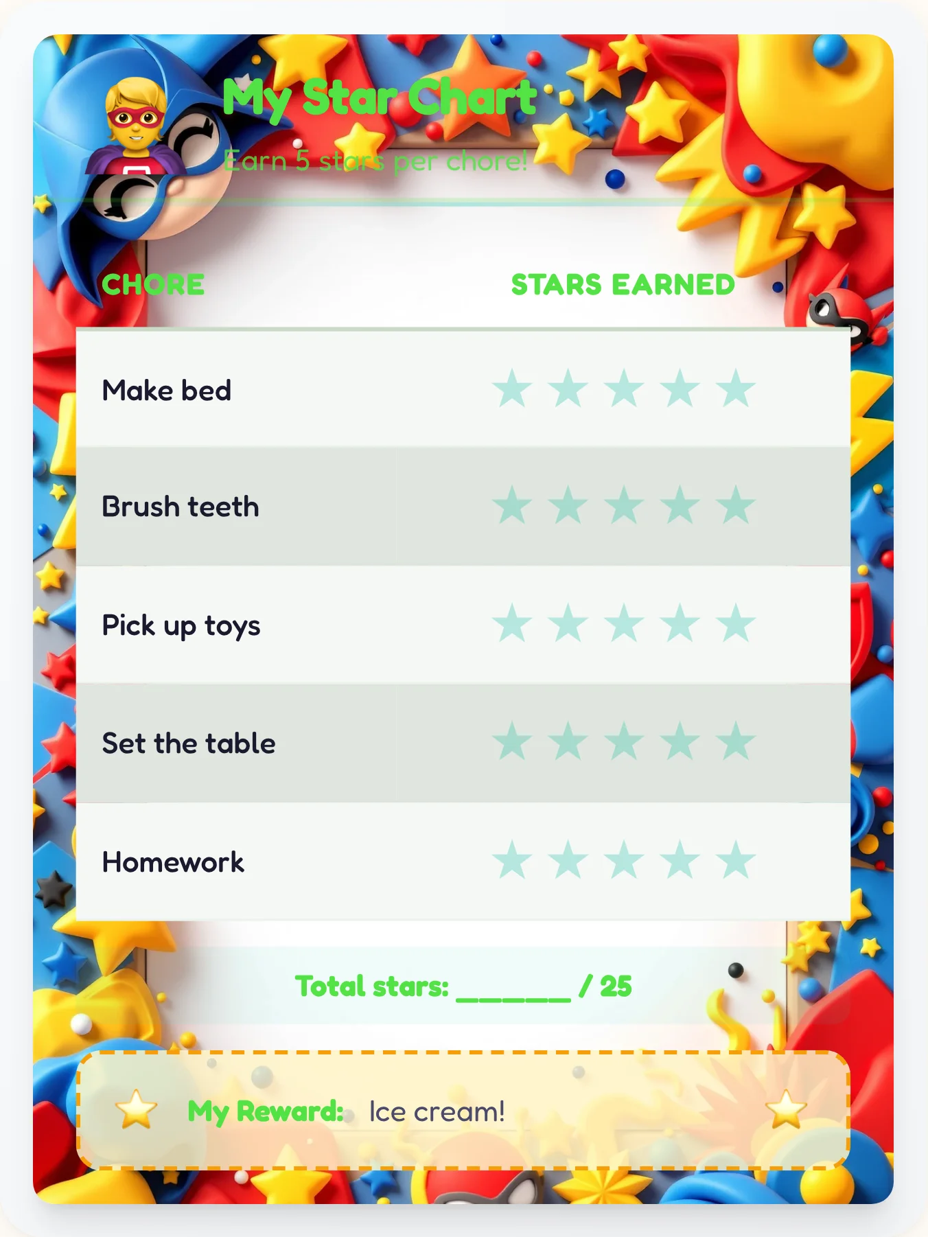 Tender Superhero Star Rewards - printable superhero chore chart